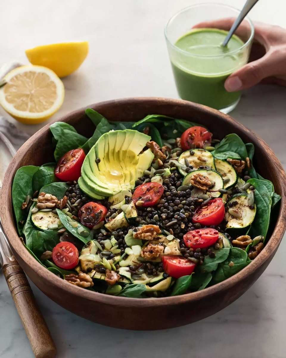A large wooden bowl sits on a white marbled surface filled with a fresh salad that has several layers: the base is made of bright green spinach leaves, topped with small curved slices of light green avocado, round bright red cherry tomatoes cut in half, scattered creamy brown walnuts, thin light beige orzo pasta, small black lentils, and several pieces of grilled zucchini with dark green skin and golden brown roast marks. In the background, a woman's hand holds a glass jar filled with light green dressing, and half a lemon sits nearby, while wooden-handled salad spoons rest on the surface beside the bowl. photo taken with an iphone --ar 4:5 --v 7