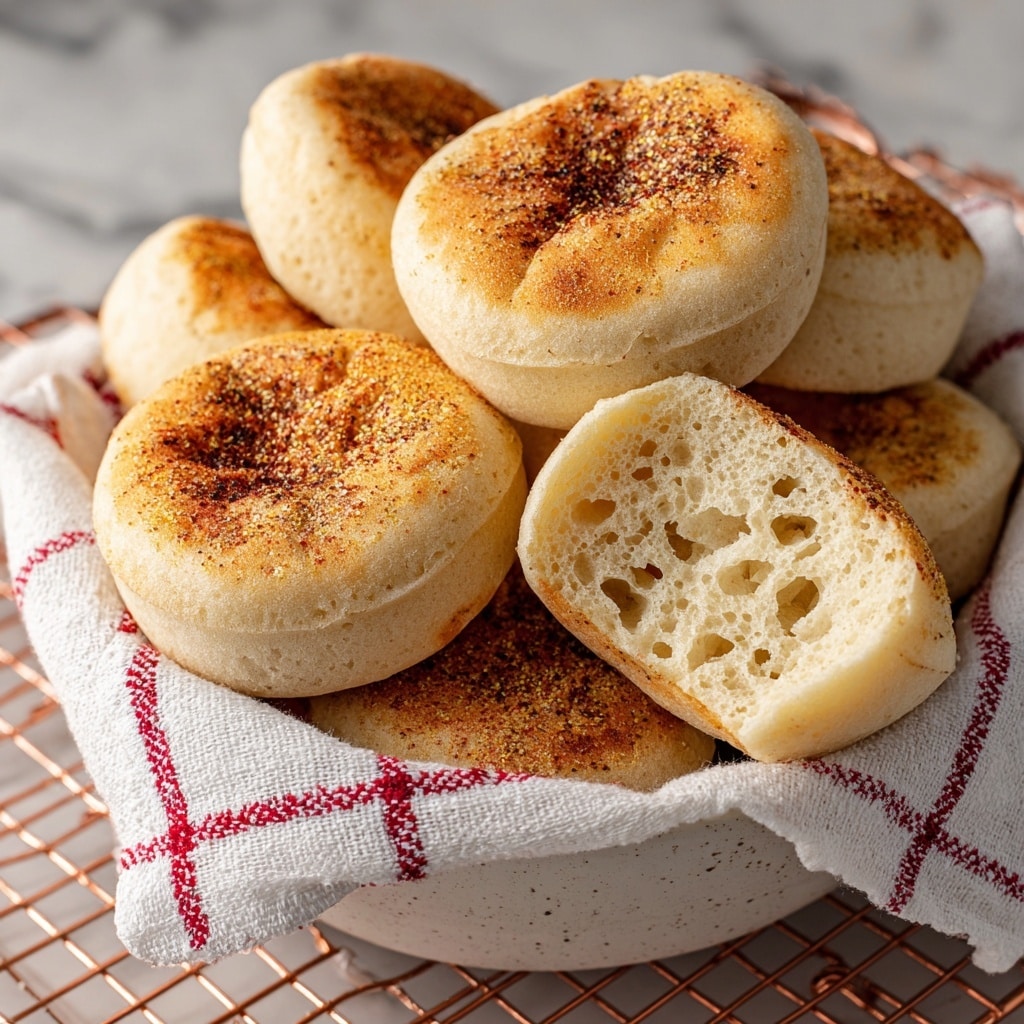 The image shows a white bowl filled with several English muffins, some stacked and one split open to reveal its soft, porous inside texture full of small holes. The muffins have a golden brown, slightly rough top sprinkled with cornmeal. The bowl is lined with a white cloth with red checkered lines. In the background, a copper cooling rack is partially visible resting on a white marbled surface. The colors are warm with a contrast between the golden tops and the light beige fluffy interiors of the muffins. photo taken with an iphone --ar 4:5 --v 7