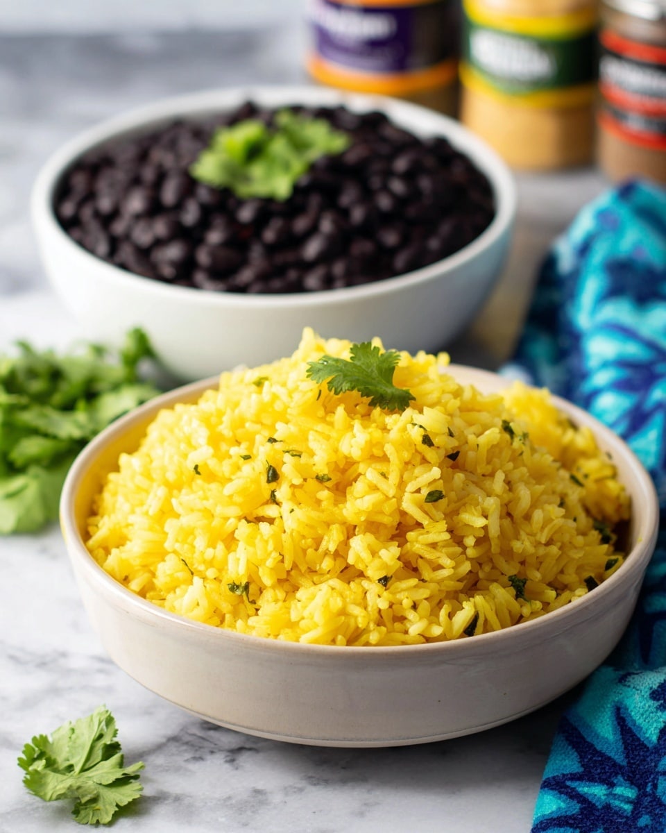 A close-up view of a bowl filled with bright yellow rice mixed with small green cilantro pieces, creating a soft, fluffy texture. The rice is heaped high in a white bowl, with a small sprig of fresh green cilantro on top as garnish. In the background, there is another white bowl filled with dark black beans, topped with a few cilantro leaves, slightly blurred. The setting is on a white marbled surface with a light blue and white patterned cloth nearby, and two jars in the background, all softly out of focus. photo taken with an iphone --ar 4:5 --v 7