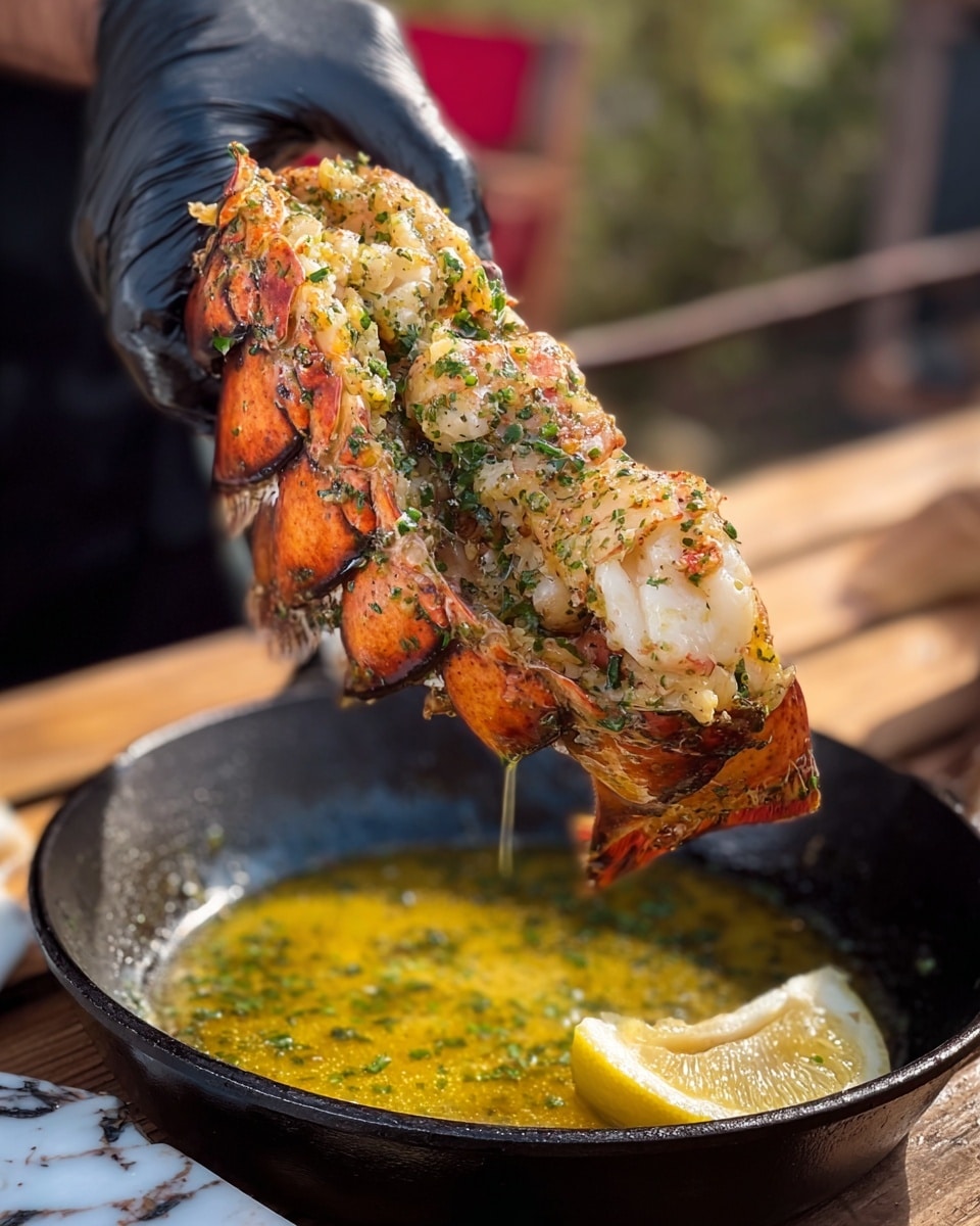 A close-up photo shows a large piece of grilled fish being lifted from a black cast iron pan by a hand in a black glove. The fish has multiple layers with a golden crust mixed with green herbs and black pepper, and some orange salmon skin is visible on top. The fish looks juicy, with golden-yellow oil dripping down. Inside the pan, there is a pool of herb-infused oil with green bits, and a grilled round piece of fish rests near a half lemon wedge. The background features a blurred outdoor setting and a person in a black shirt. The surface under the pan is a white marbled texture. photo taken with an iphone --ar 4:5 --v 7