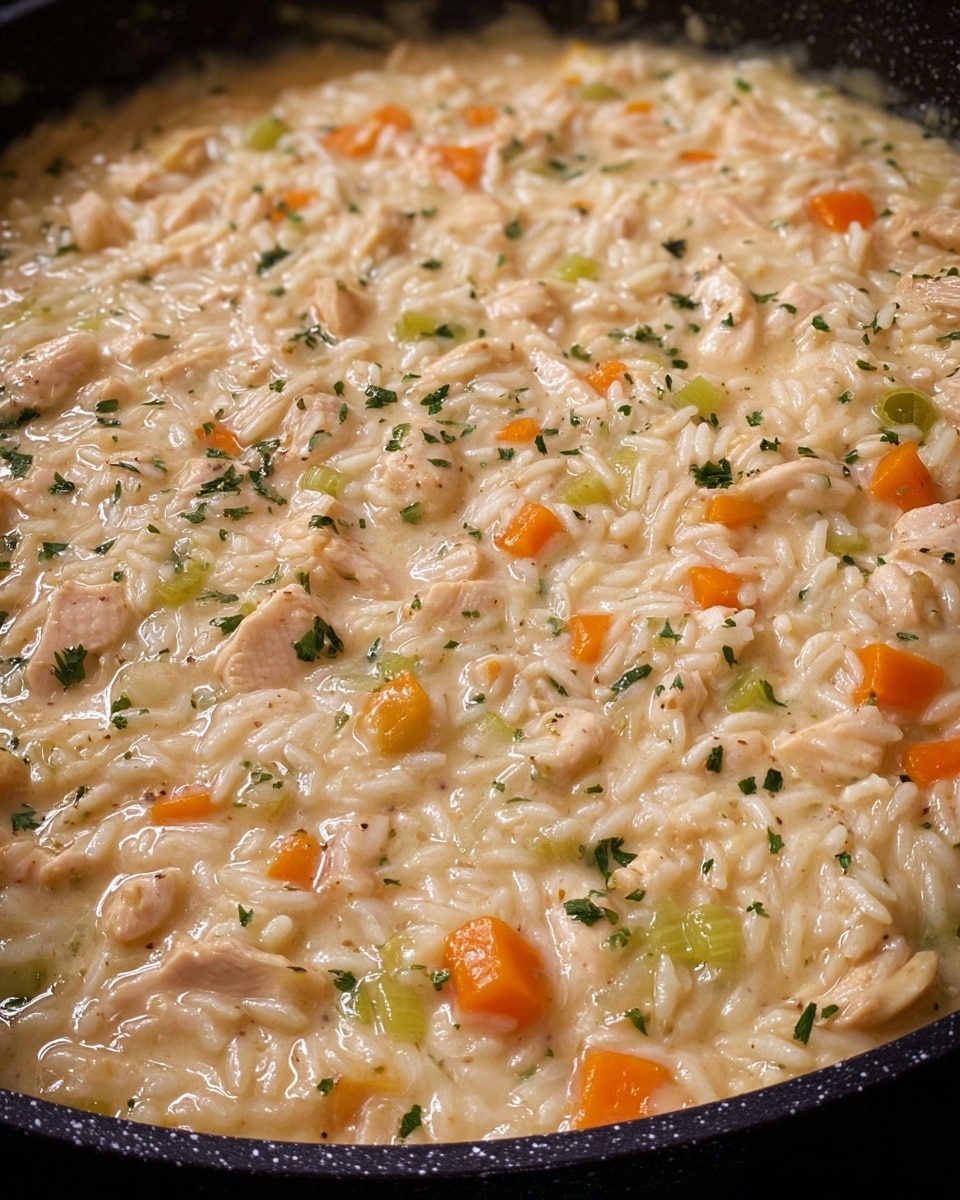 A close-up view of a creamy chicken and rice dish in a black pan, showing a thick layer of moist, light beige rice mixed with small chunks of tender white chicken. Scattered throughout the mixture are small cubes of bright orange carrots and light green celery pieces, adding color and texture. The surface is lightly sprinkled with finely chopped green herbs, giving a subtle contrast to the creamy base and enhancing the overall look. The texture appears soft and slightly glossy, suggesting a rich, hearty meal. Photo taken with an iphone --ar 4:5 --v 7