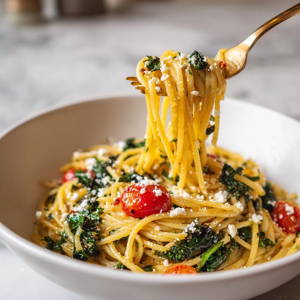 A close-up of a white bowl filled with spaghetti pasta mixed with dark green leafy vegetables and small red cherry tomato pieces. The pasta is lifted by a fork, showing long, yellow strands with a light glossy texture, coated in herbs. Crumbled white cheese is sprinkled on top and throughout the pasta, adding a crumbly texture. The background shows blurred kitchen elements with a soft white marbled surface under the bowl. photo taken with an iphone --ar 4:5 --v 7