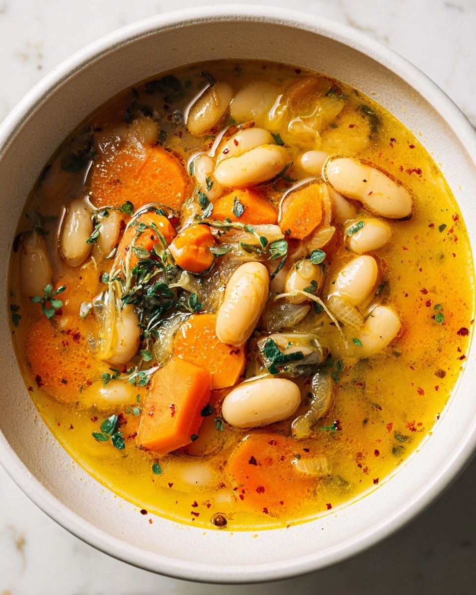 A white bowl filled with a warm soup sitting on a white marbled surface shows three main layers: a bright orange broth with a smooth texture at the bottom, a mix of large white beans scattered evenly through the soup as the middle layer, and chopped orange carrot slices along with green leafy vegetables floating on top, adding color contrast and texture. Small bits of seasoning are visible in the broth, giving it a slightly speckled look. photo taken with an iphone --ar 4:5 --v 7