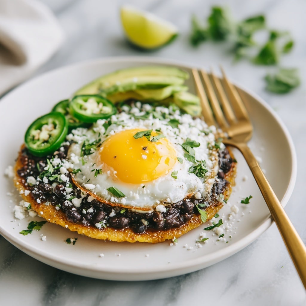 The image shows two tostadas on a white, speckled plate with a brown rim, placed on a white marbled surface. Each tostada has three layers: a crispy golden-brown tortilla base, a middle layer of dark black beans spread evenly, and a top layer of a sunny-side-up egg with bright yellow yolk and white edges. On top of the eggs, there are sliced creamy green avocados, chopped bright green jalapeños, and chunky red salsa. Fresh green cilantro leaves are scattered across the tostadas and plate. Around the plate, there are lime wedges, more cilantro, and a bowl filled with extra red salsa. A gold fork is visible beside the plate and a woman's hand is holding the plate from the bottom edge. photo taken with an iphone --ar 4:5 --v 7
