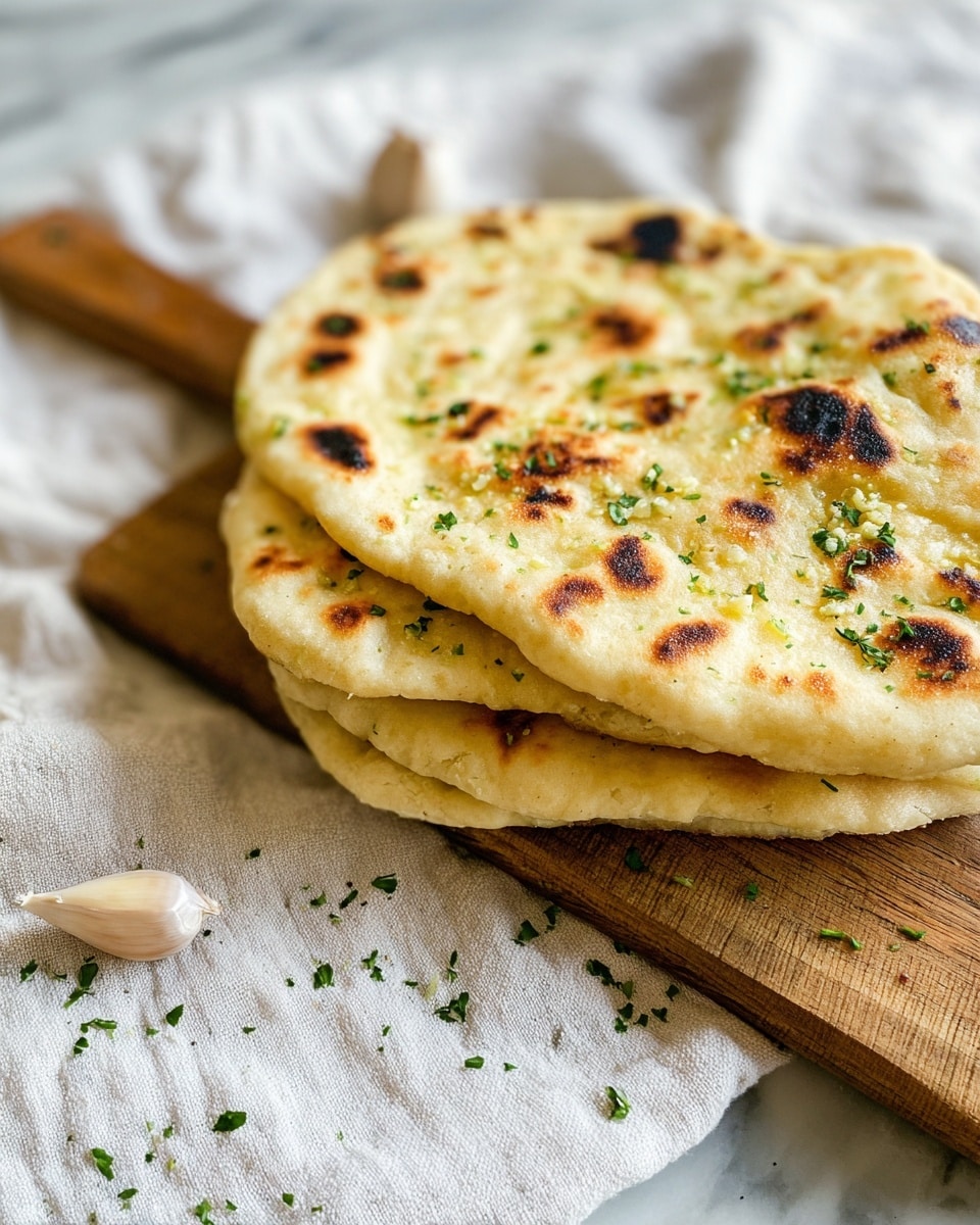 The image shows three stacked flatbreads with a golden-brown color and dark grill marks, sprinkled with small green herb pieces and bits of minced garlic on top. The flatbreads have a soft texture with slight puffiness and are placed on a wooden board. The wooden board sits on a white marbled surface covered partially with a white cloth that has some green herb bits scattered over it. Two garlic cloves lie near the board on the cloth, adding a rustic feel to the scene. photo taken with an iphone --ar 4:5 --v 7