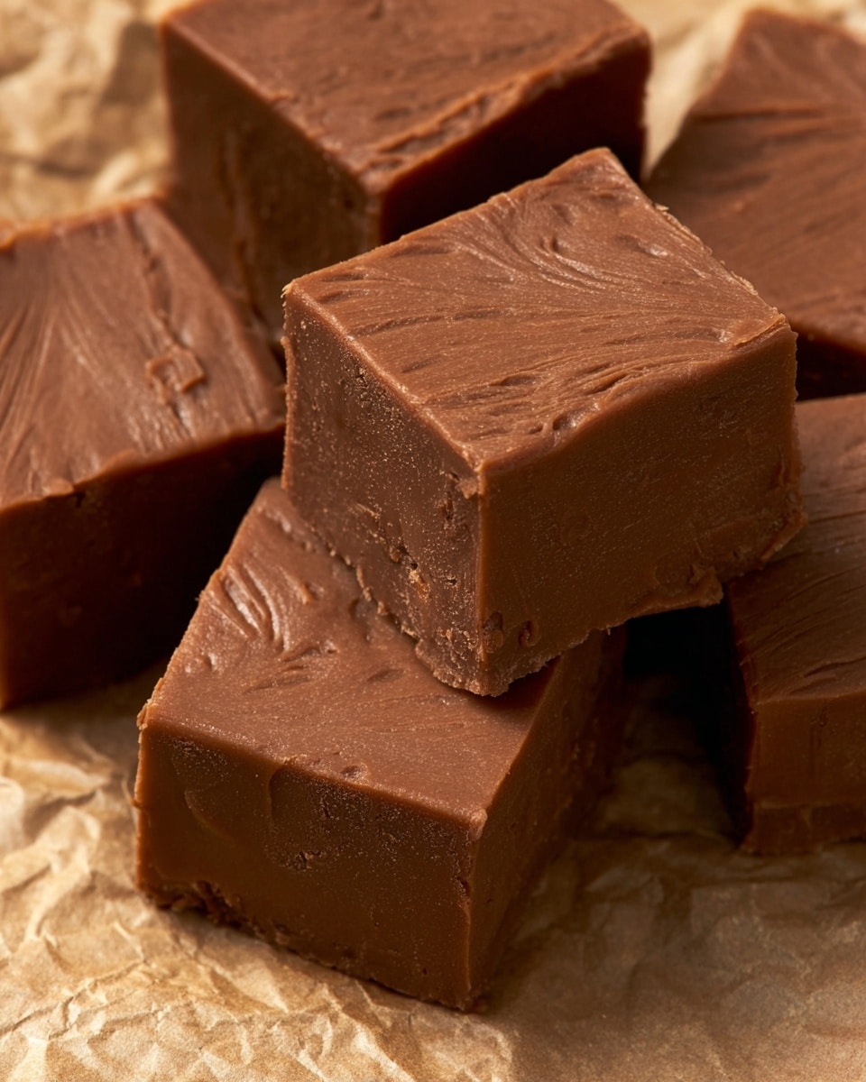 The image shows several thick, smooth chocolate fudge squares arranged closely together. Each square is a single solid layer with a rich medium brown color and a glossy, creamy texture visible on the surfaces. The edges are clean-cut and sharp, with faint swirl marks on the sides indicating a tempting softness inside. The fudge pieces rest on a crinkled light brown paper, which provides a warm contrast to the dark chocolate tones. photo taken with an iphone --ar 4:5 --v 7