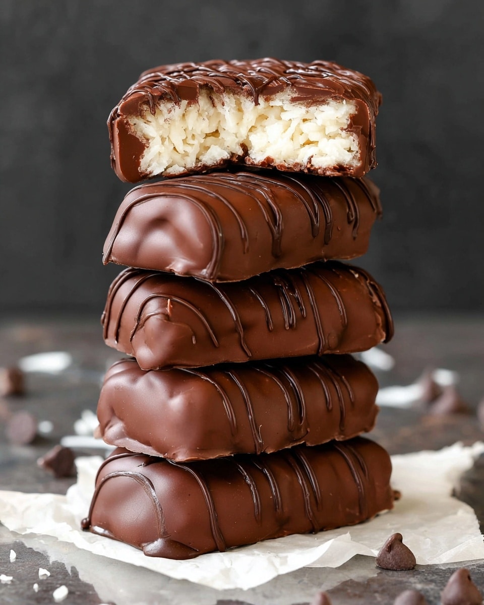 A stack of five chocolate-covered bars is shown against a dark background on a white marbled texture. Each bar is thick and rectangular with a smooth, glossy dark chocolate coating. The top two bars are cut in half, revealing a dense, creamy white coconut filling inside. The chocolate coating is decorated with thin, darker chocolate drizzles running across the top of each bar in a wavy pattern. The bars are placed closely in a vertical pile on a small piece of white parchment paper, with a few loose chocolate chips scattered around the base. photo taken with an iphone --ar 4:5 --v 7