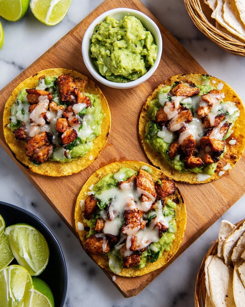 The image shows three small layered tacos on a white marbled surface. Each taco has a base layer of slightly charred yellow corn tortilla, topped with a green guacamole spread with coarse texture, followed by pieces of grilled reddish-brown chicken with a slight char on the edges. The final layer is a creamy white sauce drizzled unevenly over the chicken. A white bowl filled with chunky green guacamole is partly visible on the side, along with a green lime wedge. The overall presentation is rustic and colorful. photo taken with an iphone --ar 4:5 --v 7