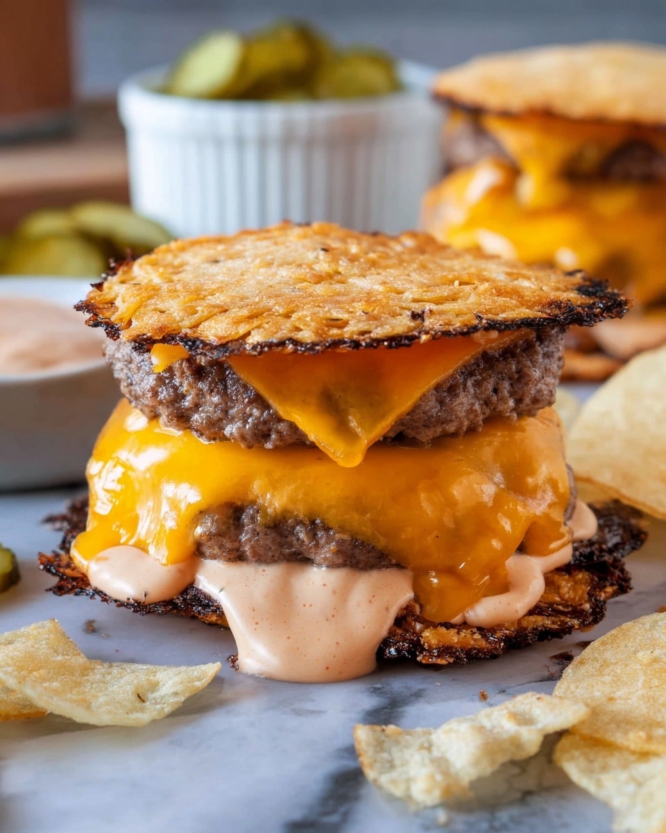 Two stacked cheeseburger patties with melted orange cheddar cheese on each layer sit between crispy, golden, thin round cheese crisps acting as buns on top and bottom. A light pink sauce is drizzled inside between the cheese and meat layers. The background is a white marbled texture with a wooden board holding the burgers. Next to the burgers are bright green crinkle-cut pickle slices and broken pieces of flatbread chips. Photo taken with an iphone --ar 4:5 --v 7