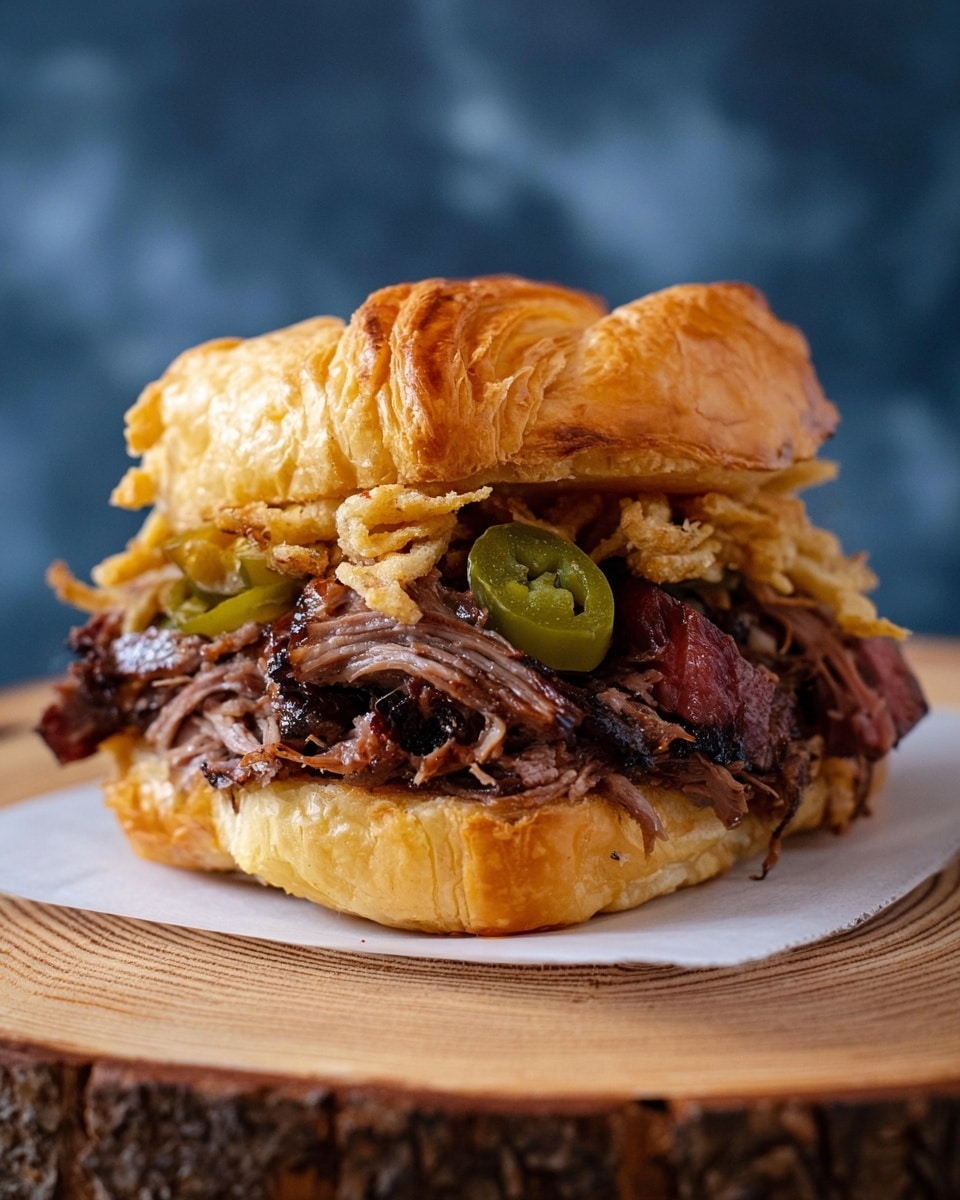 A sandwich made with a flaky golden croissant as the top and bottom layers, filled with several layers of pulled dark brown and slightly charred shredded meat in the middle. On top of the meat, there is a layer of green sliced pickled jalapeños and some light brown crispy fried onions. The sandwich is placed on white parchment paper on a round wooden board with a rough edge, set against a white marbled surface background. Photo taken with an iphone --ar 4:5 --v 7
