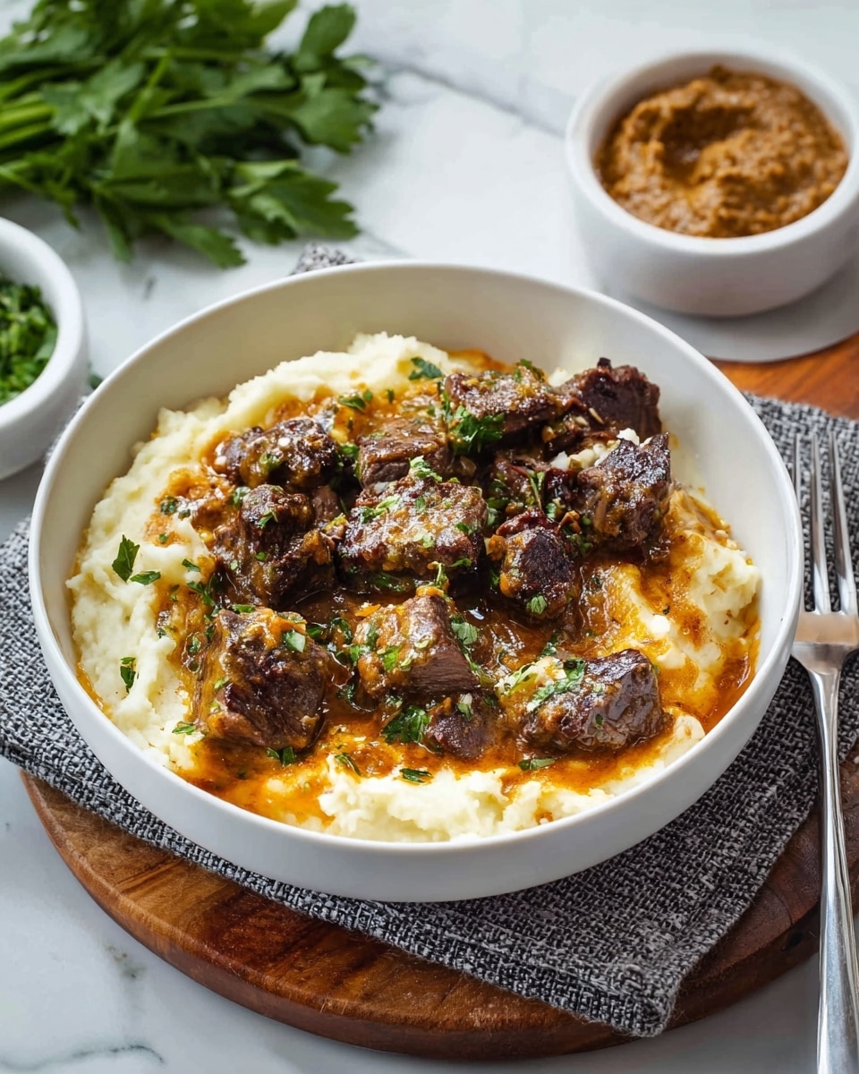 A white bowl filled with creamy white mashed potatoes that have a smooth texture and some small lumps, topped with dark brown sautéed meat pieces garnished with finely chopped green herbs, all sitting in a light orange sauce around the edges. A silver spoon is partially submerged in the mashed potatoes. Above the bowl, there is a smaller white bowl containing an orange spread mixed with small green herb bits, presenting a rough and creamy texture. To the right of the bowls, there are fresh green parsley leaves on a white marbled surface. The bowls are placed on a brown wooden board with a round handle. Photo taken with an iphone --ar 4:5 --v 7