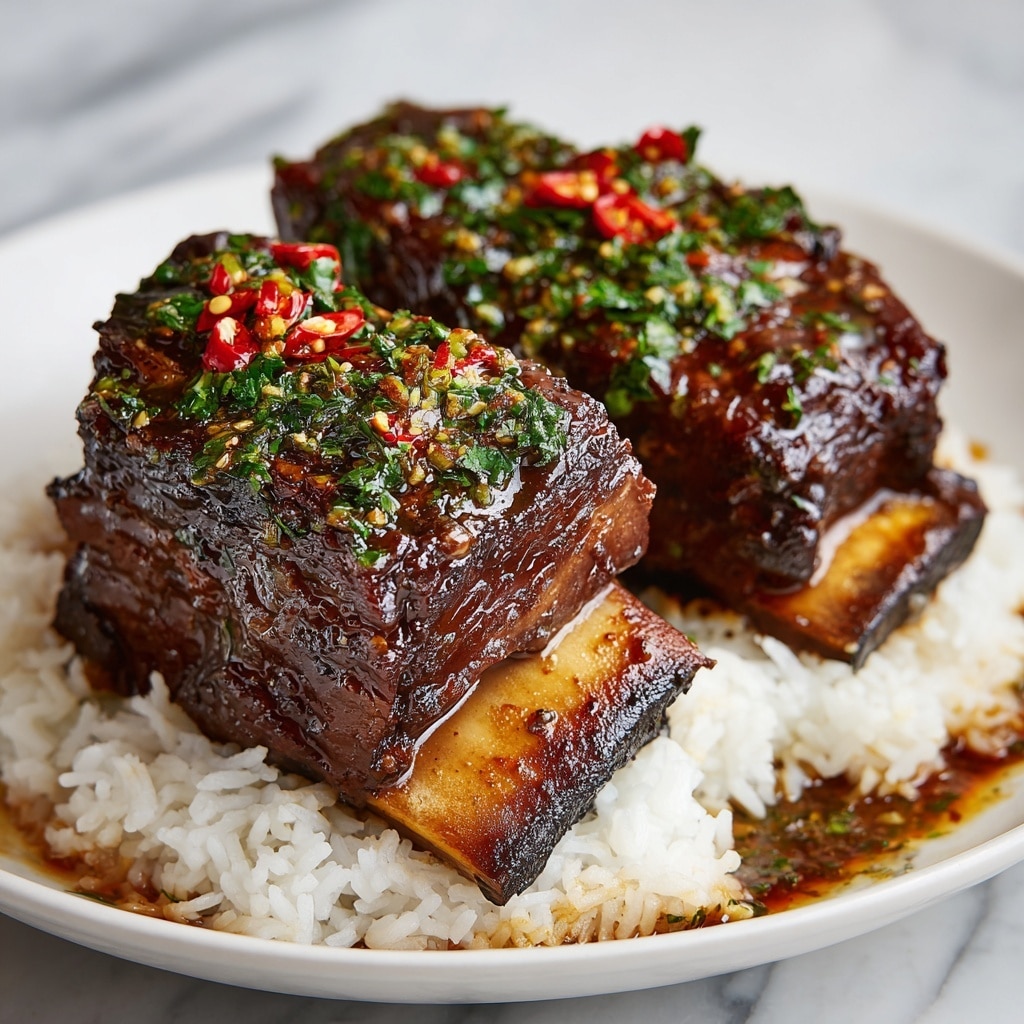The image shows two large pieces of rich, glazed meat ribs served on a bed of white rice placed on a wooden board. Each rib has three visible layers: the bottom layer is a golden-brown bone with charred edges, the middle layer is thick meat with a glossy brown texture and clear grill lines, and the top layer is a dark, sticky sauce that covers the meat, sprinkled generously with finely chopped green herbs and red chili flakes. The overall look is juicy and richly colored, with moisture and shine emphasizing the tender texture. The background is a white marbled texture. photo taken with an iphone --ar 4:5 --v 7