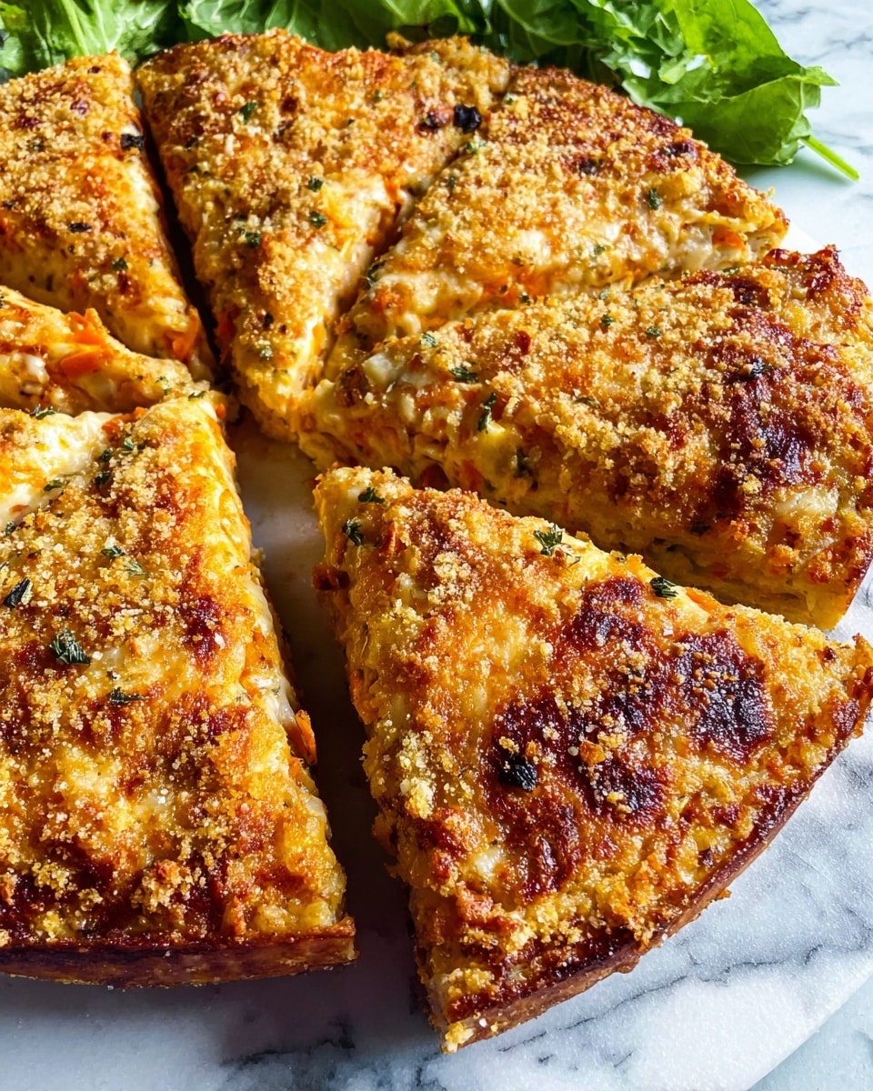 A round, sliced dish with a golden-brown crust topped with a crumbly, light yellow topping spread evenly over the surface; the base layer is thick, slightly textured with visible bits of orange and brown ingredients inside, giving a hearty look, and soft melted edges peeking underneath; the slices are arranged neatly on a clear white marbled surface with green leaves faintly visible in the back; the whole dish has a warm, baked appearance with a slightly crisp top layer photo taken with an iphone --ar 4:5 --v 7