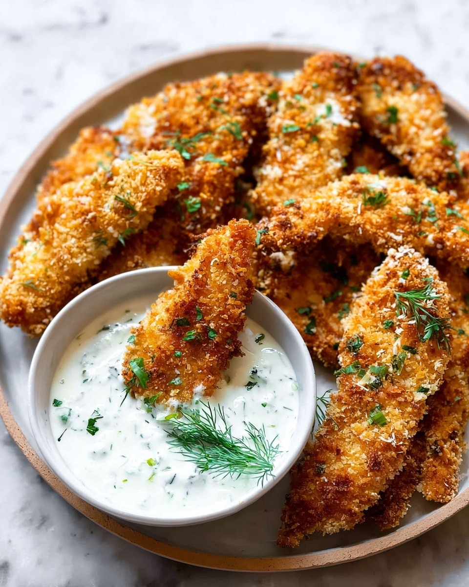 A white round plate holds about ten golden brown crispy chicken strips, each coated with a crunchy breadcrumb layer and sprinkled with small green herb bits. The chicken strips are arranged in a casual pile, with one dipped into a small white bowl filled with creamy white sauce that has green herb pieces and a few fresh dill sprigs on top. The plate is set on a white marbled textured surface. photo taken with an iphone --ar 4:5 --v 7