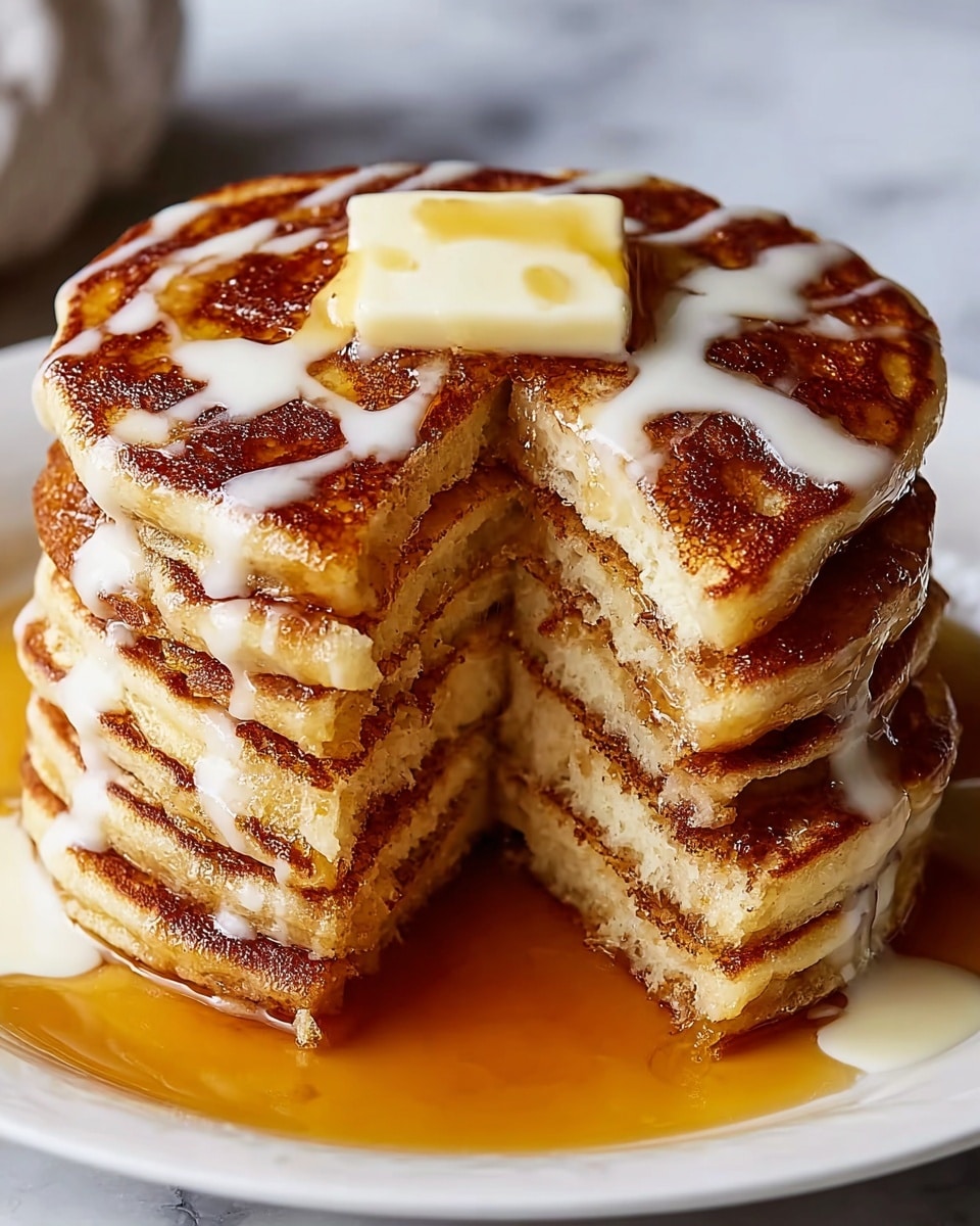 A stack of four thick, golden-brown pancakes sits on a white plate with syrup pooling around the bottom. The pancakes have a cinnamon swirl pattern on top and are drizzled with white icing in lines across the stack. There is a square pat of melting butter on the top pancake, with syrup being poured over it, adding a shiny glaze. A slice is cut out of the pancakes, showing their soft, fluffy inside layers. The scene is set on a white marbled surface. photo taken with an iphone --ar 4:5 --v 7