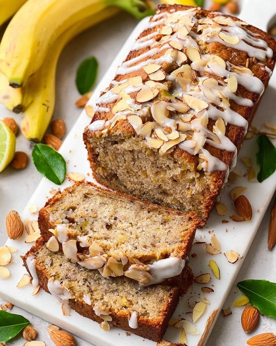 A loaf of banana bread sliced into three thick pieces rests on parchment paper atop a light wooden board. The bread has a dense, moist texture with visible bits of banana inside. The top crust is golden brown and sprinkled with toasted almond slices and a drizzle of white icing. The edges of the slices show melted icing flowing slightly down the sides. Around the board, there are scattered almond slices, lemon zest, and green leaves. In the background, a couple of ripe bananas add a fresh yellow color, all placed on a white marbled surface. Photo taken with an iphone --ar 4:5 --v 7