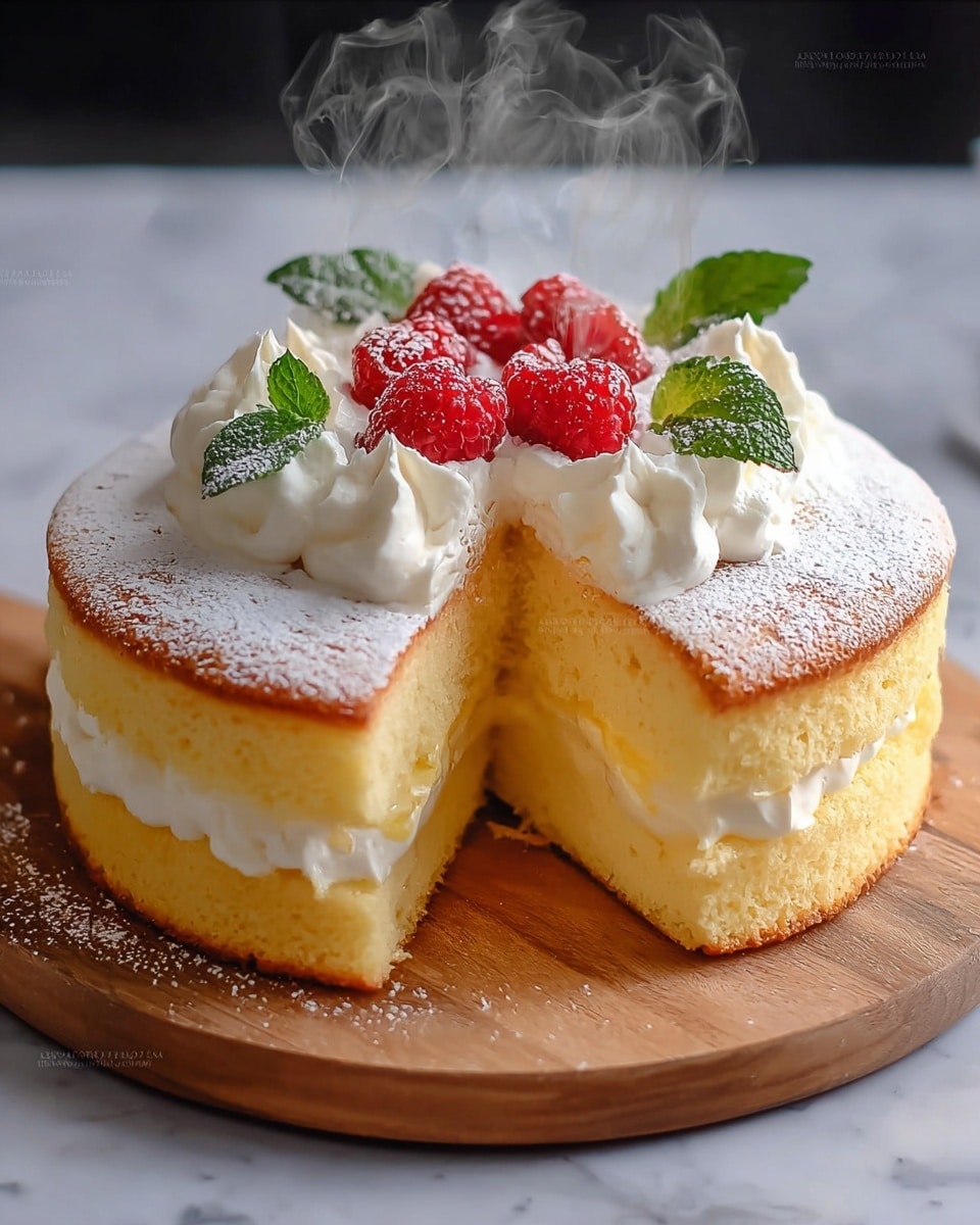 This image shows a two-layer fluffy sponge cake with a light yellow color, placed on a round wooden board. The bottom layer is a slightly darker yellow sponge cake, while the top layer is a pale, airy sponge. Between the layers, there is a thick white cream filling. The top of the cake is dusted with fine powdered sugar and topped with dollops of white whipped cream. On top of the cream, there are whole red raspberries and a few green mint leaves arranged in the center. The cake has a slice cut out, revealing the soft texture inside. Steam rises softly from the cake in the background, all set on a white marbled surface. Photo taken with an iphone --ar 4:5 --v 7