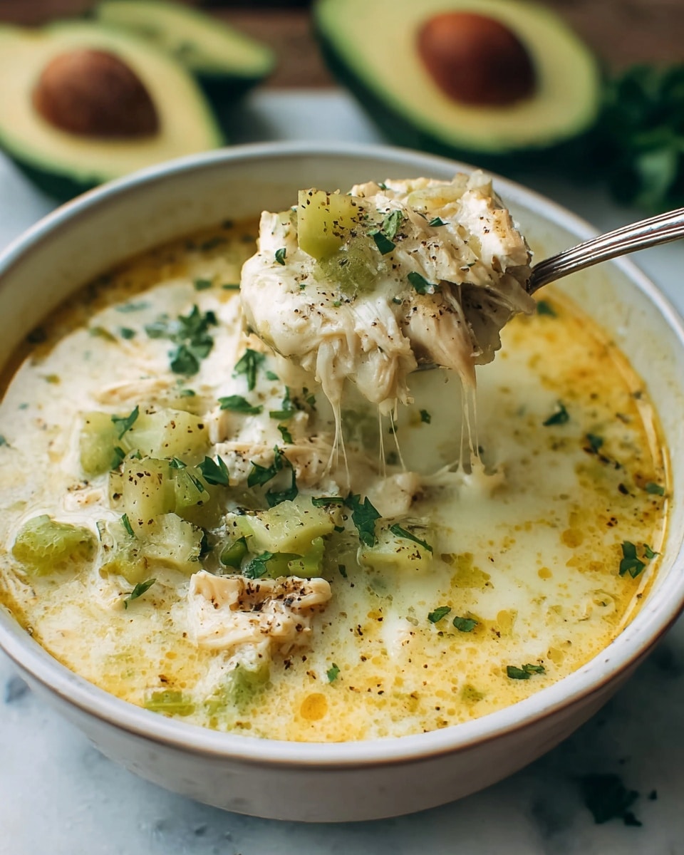 A creamy soup served in a white bowl showing a thick, pale yellow broth mixed with darker yellow oil droplets on the surface; on top are soft, shredded white chicken pieces combined with chopped green celery and green herbs, adding texture and color; a spoon lifts a chunky portion of the soup revealing melted cheese strands stretching slowly from the soup, with visible black pepper flakes sprinkled around; in the background, halved avocados with their brown pits sit on a white marbled surface. photo taken with an iphone --ar 4:5 --v 7