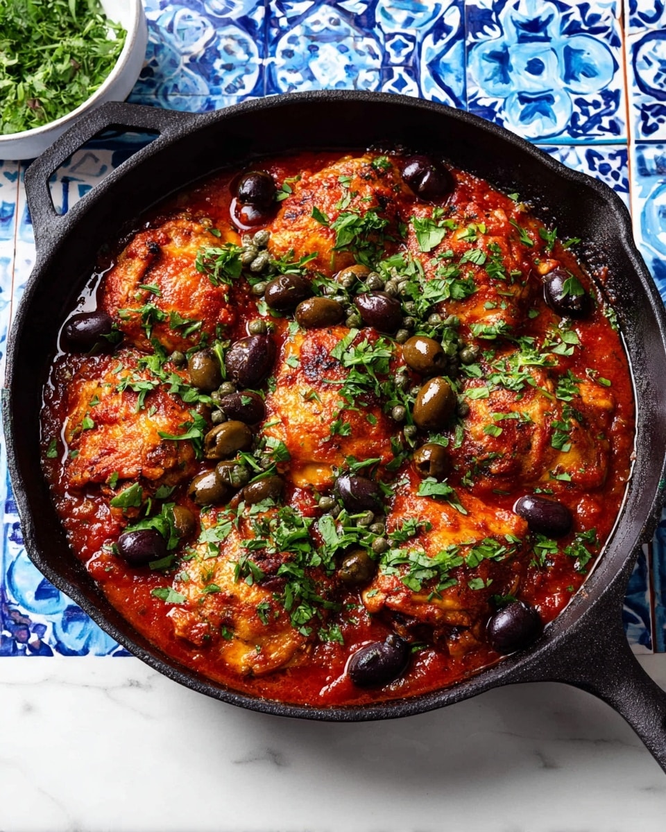 A black cast iron pan filled with six cooked chicken thighs arranged in one layer, covered with rich red tomato sauce, sprinkled with chopped fresh green herbs, whole capers, and sliced black olives, resting on a white marbled surface with blue patterned tiles. The chicken has a golden-brown crust, partially covered by the sauce, and the whole dish looks fresh and colorful. Photo taken with an iphone --ar 4:5 --v 7