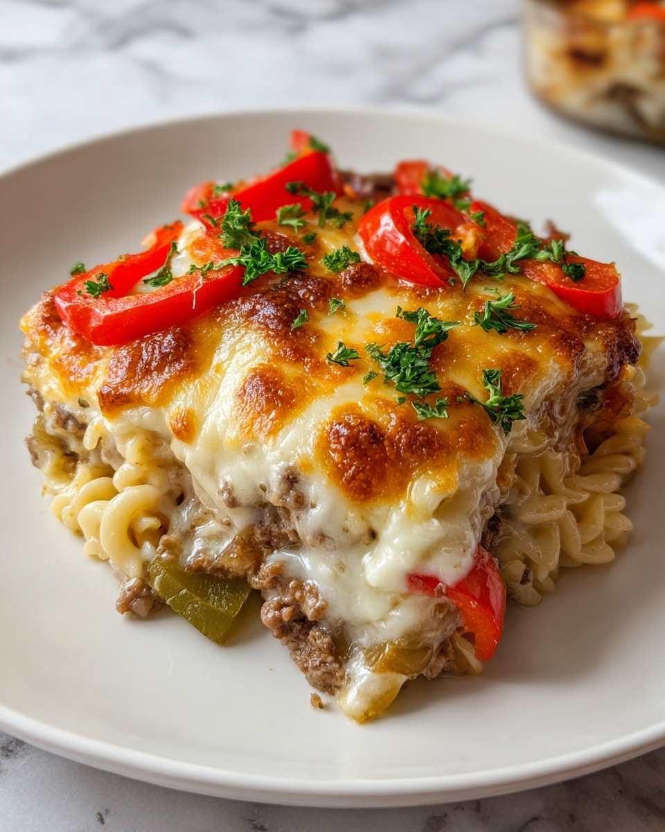 A square piece of baked casserole is served on a white plate placed on a white marbled surface. The casserole has about three visible layers: the bottom layer contains a mixture of cooked ground meat with sliced green and red bell peppers, the middle layer is creamy and white with melted cheese, and the top layer is a golden, bubbly browned cheese crust with small bright red bell pepper pieces and fresh green parsley scattered on top. The cheese topping has a slightly shiny, melted texture with browned spots showing a crispy finish. Photo taken with an iphone --ar 4:5 --v 7