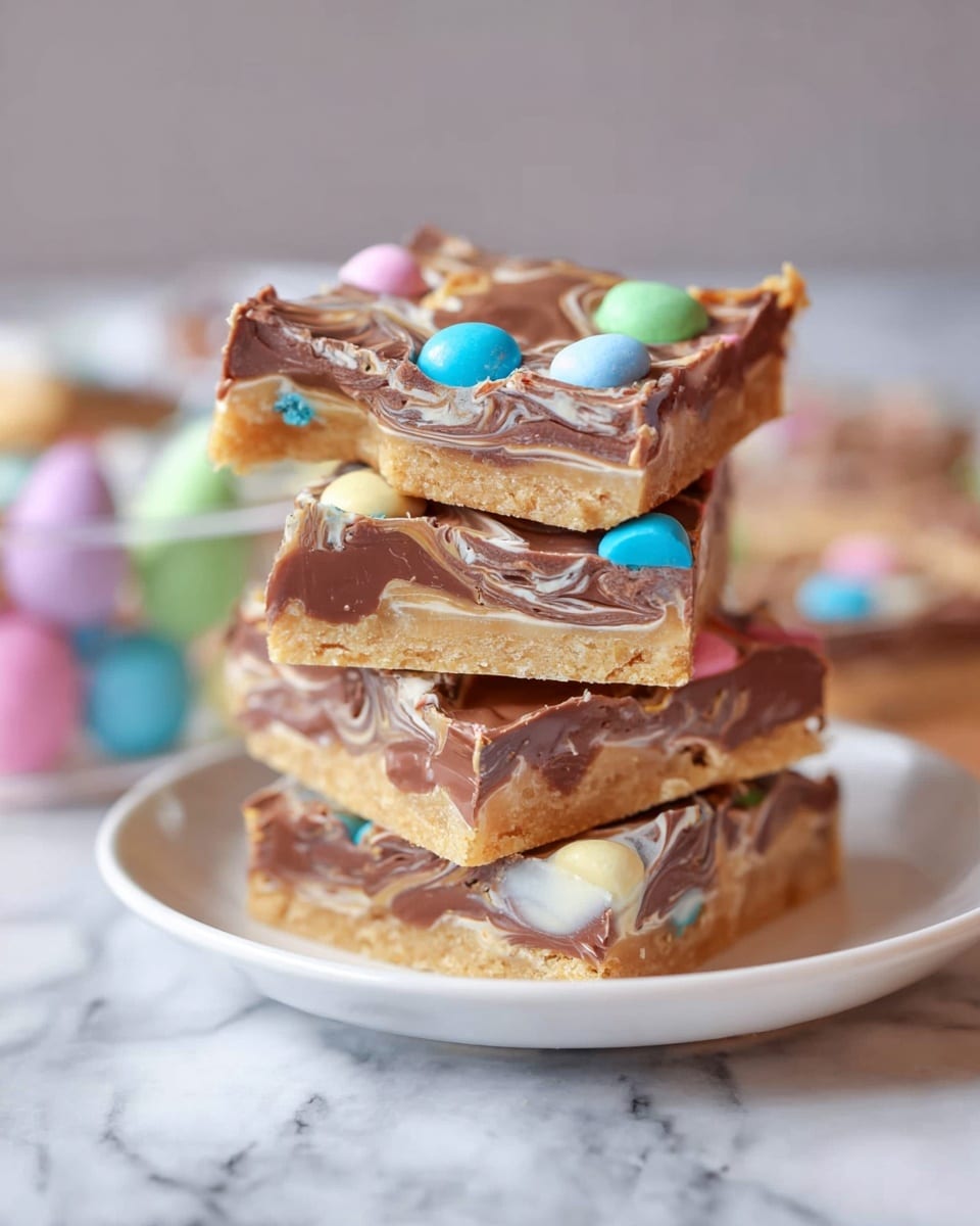 The image shows a stack of five pieces of sweet bark on a white plate. Each piece has a bottom layer that looks golden and crumbly, followed by a thick layer of mixed milk and white chocolate swirled together on top. Scattered over the chocolate layer are small, round, pastel-colored candy pieces in shades of green, blue, pink, and yellow. The pieces appear rough on the edges and are stacked unevenly. The white plate is placed on top of other stacked white plates, all set on a white marbled surface. The background is soft and blurry, keeping focus on the sweet stack. Photo taken with an iphone --ar 4:5 --v 7