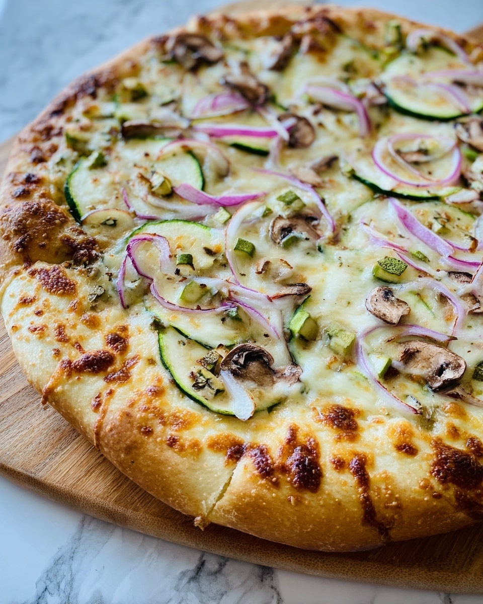 A round pizza with a thick crust that is golden brown and slightly puffed, topped with melted cheese that is creamy white and lightly browned in spots. On top, there are thin slices of red onion arranged in loose loops, small chunks of cooked chicken with a light beige color, thin strips of green zucchini, and thin slices of mushrooms with a tan and brown tone. The toppings are spread evenly over a lightly browned base layer of cheese, all on a wooden board resting on a white marbled texture. Photo taken with an iphone --ar 4:5 --v 7