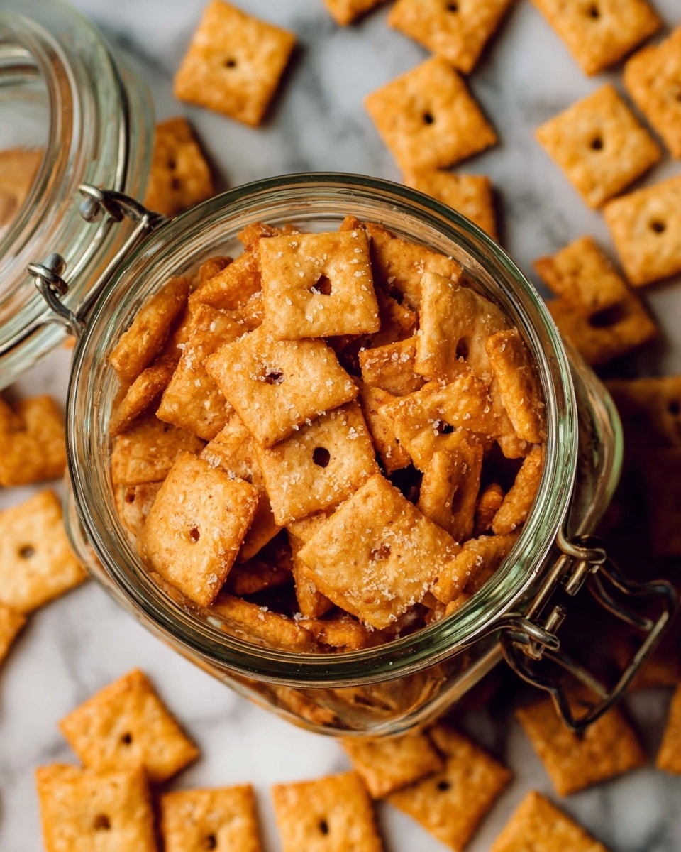 A glass jar is filled with small, square crackers that are golden brown with a slightly toasted look. Each cracker has a small hole in the center and a rough texture with light salt crystals sprinkled on top. The jar is open, showing the crackers inside, and more crackers are scattered around the jar on a white marbled surface. The crackers have a crunchy, baked appearance with some darker spots from baking photo taken with an iphone --ar 4:5 --v 7