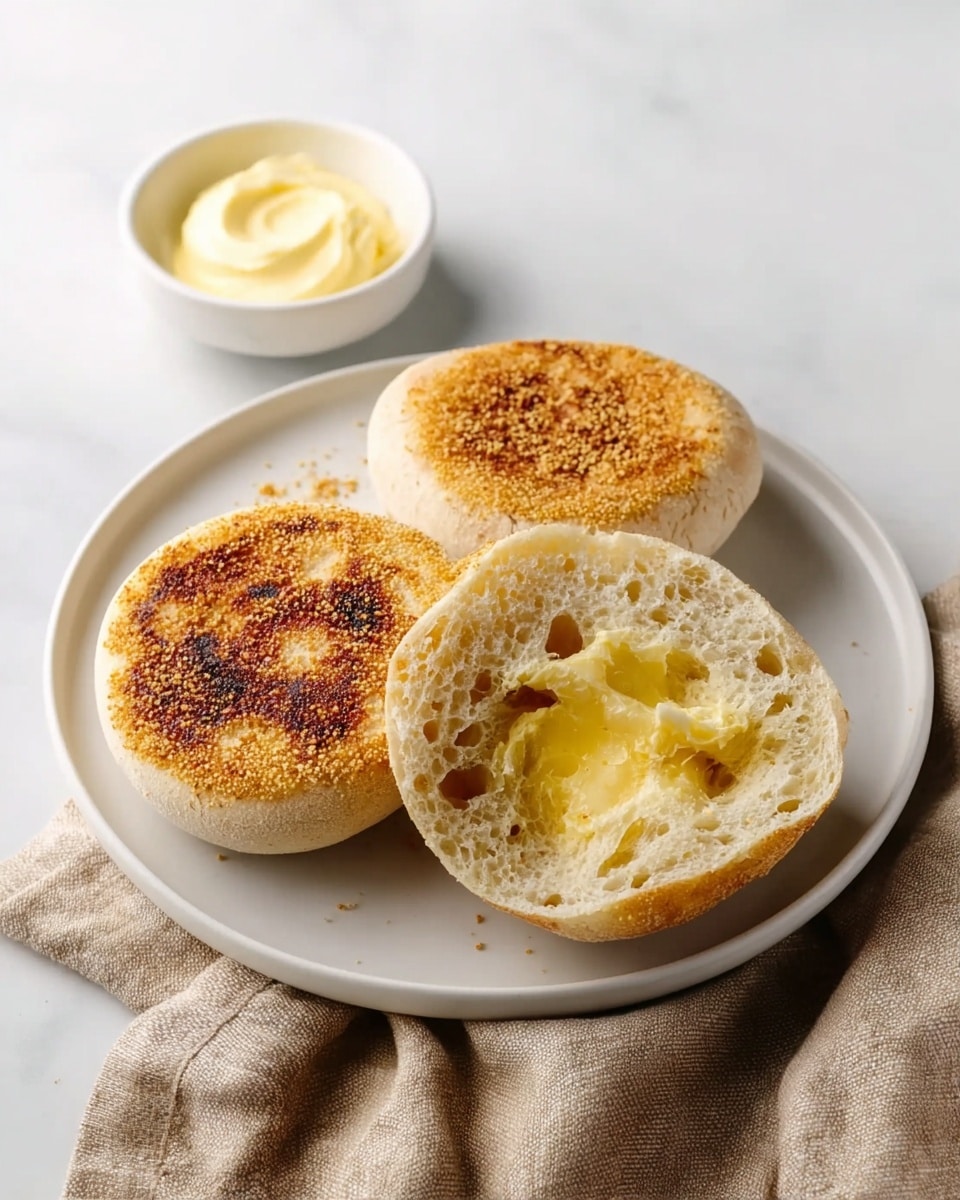 A white plate holds three English muffins, two whole with a golden brown toasted top sprinkled with cornmeal, and one split open showing its airy, sponge-like interior with melted butter spread unevenly on each half. The plate is placed on a white marbled surface with a light brown cloth nearby. A small white bowl with a swirl of soft butter sits to the side. The lighting highlights the textures and warm tones of the muffins and butter. photo taken with an iphone --ar 4:5 --v 7