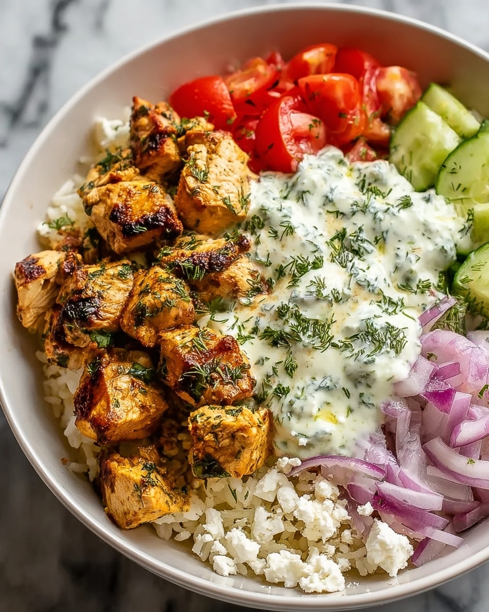 A white bowl filled with a base layer of white rice mixed with crumbled white cheese, topped with grilled, golden-brown chicken pieces sprinkled with green herbs placed in the center. To one side, there are slices of fresh cucumber and finely chopped red onions next to a generous scoop of white creamy sauce with herbs mixed in. On the opposite side, ripe red tomato chunks with more crumbled white cheese and green herbs complete the colorful mix, all set on a white marbled texture. Photo taken with an iphone --ar 4:5 --v 7