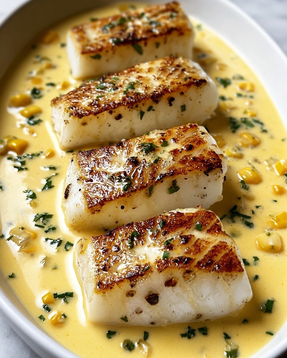 The image shows several pieces of golden-brown seared fish fillets arranged evenly in a white dish, each piece sitting in a creamy yellow sauce that is smooth and slightly thick. The fish has a shiny, slightly crispy surface with visible seasoning specks and small bits of green herbs scattered on top and in the sauce. Small pieces of yellow garnish are also visible floating around the fish in the sauce. The close-up view highlights the moist texture of the fish and the creamy sauce underneath on a white marbled surface. photo taken with an iphone --ar 4:5 --v 7