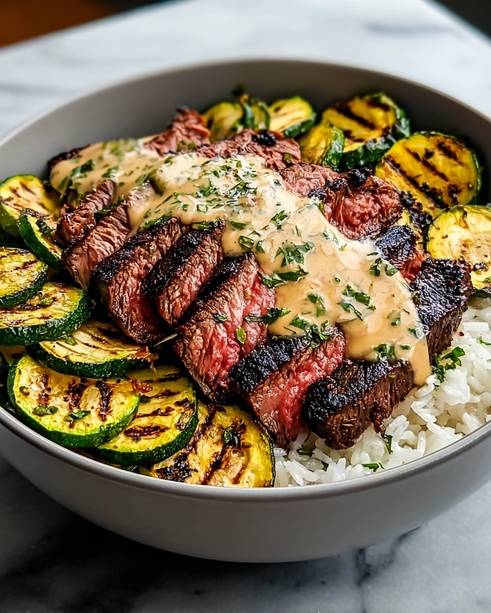 A bowl filled with three layers: the bottom layer is white rice with a soft, grainy texture, the middle layer is grilled zucchini slices, golden yellow with dark grill marks and a slightly shiny surface, arranged around the edges. On top are thick slices of grilled steak, cooked rare with a charred black crust and bright pink inside, layered neatly in the center. The steak is covered with a creamy beige sauce speckled with green herbs, draped smoothly across the middle of the meat. The bowl is white and sits on a white marbled surface. Photo taken with an iphone --ar 4:5 --v 7