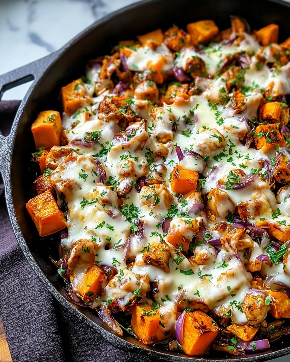 A close-up of a black cast iron pan filled with a mix of roasted golden-orange sweet potato cubes and small pieces of browned chicken. The chicken and sweet potatoes are topped with melted white cheese that stretches softly over the warm ingredients. Dashes of chopped green herbs are sprinkled all over. Small bits of purple onion are visible underneath the cheese, adding color contrast. The pan sits on a white marbled surface with a dark cloth partially underneath. Photo taken with an iphone --ar 4:5 --v 7