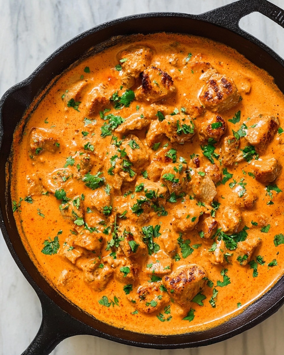 The image shows a close-up of a black cast iron skillet filled with a creamy orange sauce with small golden-brown browned chicken pieces evenly mixed in, garnished with bright green chopped cilantro leaves scattered on top. The sauce has a smooth, thick texture with some small chunks visible, giving it a rich and hearty appearance. The skillet rests on a white marbled surface, adding a clean and elegant background to the warm colors of the dish. photo taken with an iphone --ar 4:5 --v 7