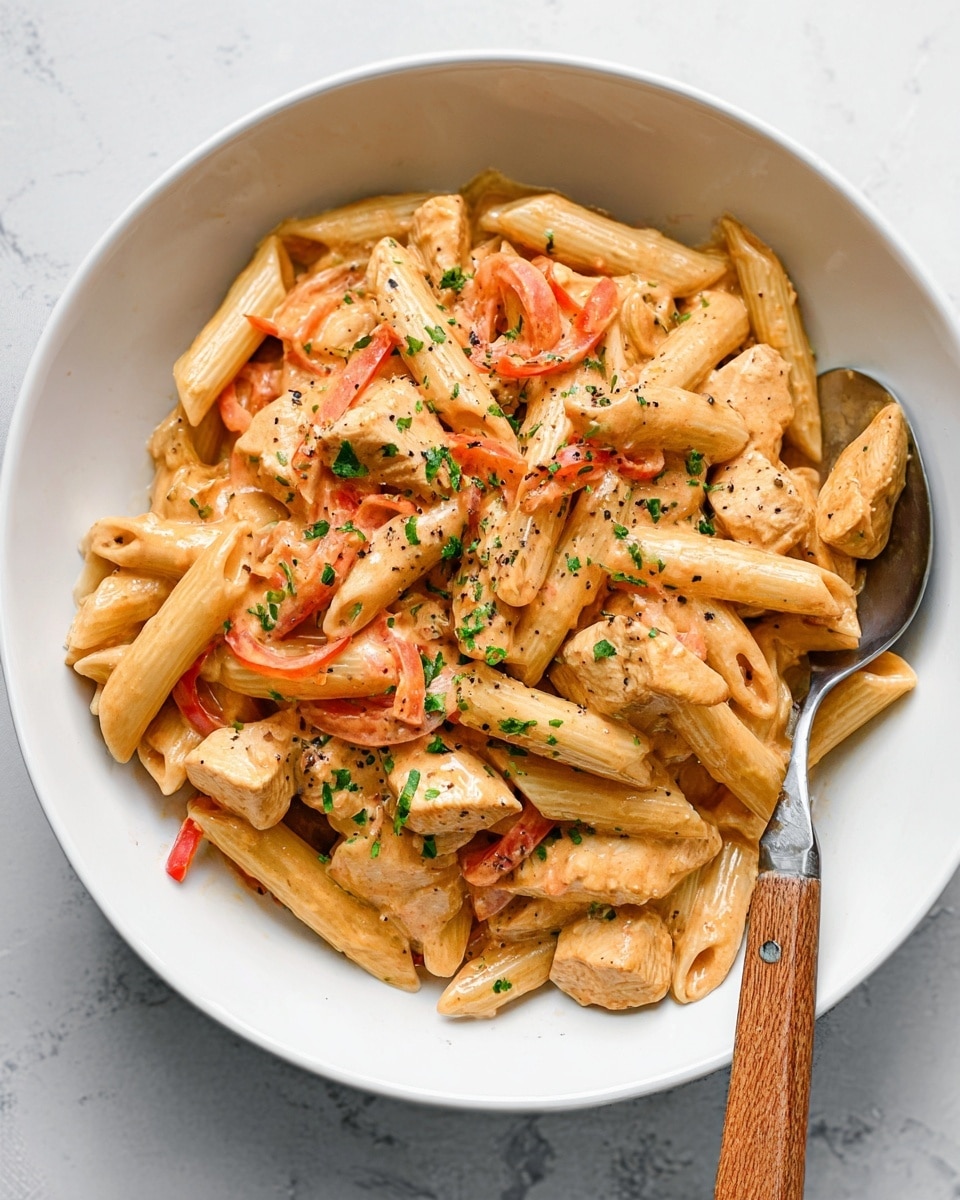 A white bowl filled with creamy penne pasta mixed with chunks of cooked chicken and thin slices of red and orange bell peppers, all coated in a smooth, light orange sauce. The penne pasta is firm and slightly glossy, while the chicken pieces are tender and light brown. The dish is sprinkled with finely chopped green herbs and cracked black pepper, adding small green and black spots throughout. A spoon with a wooden handle rests inside the bowl on the right side. The bowl sits on a white marbled surface. photo taken with an iphone --ar 4:5 --v 7