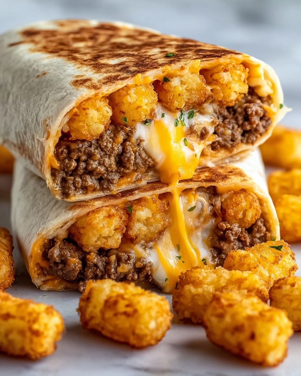 A close-up of a cut burrito showing three main layers inside a toasted, light brown tortilla. The top layer consists of golden, crispy tater tots with a crunchy texture. Below that is a middle layer of melted orange and white cheese, oozing and soft. The bottom layer is browned, seasoned ground beef with a crumbly texture. The burrito halves are stacked on a white marbled surface with more golden tater tots scattered around. photo taken with an iphone --ar 4:5 --v 7