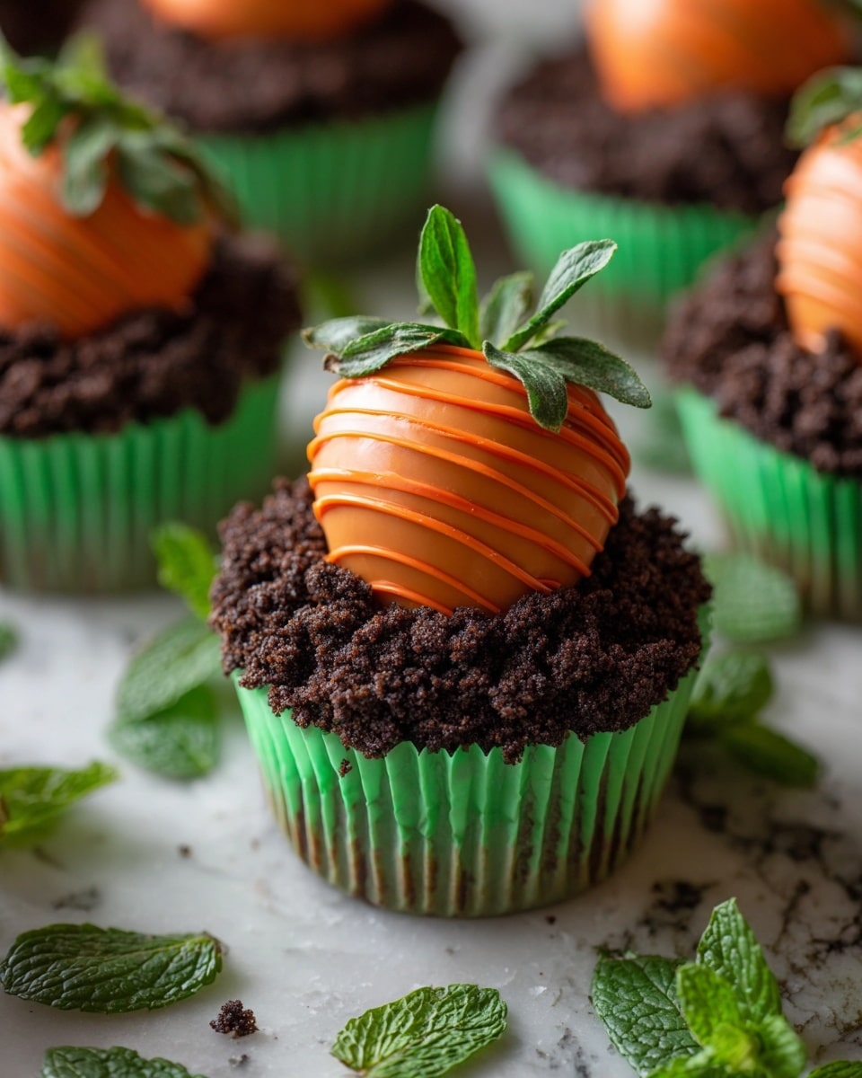 A close-up image shows a chocolate cupcake in a green baking cup with a rough layer of dark, crumbly chocolate cookie crumbs on top, forming a nest-like shape. Sitting in the center is a fresh strawberry dipped in smooth orange chocolate, decorated with thin orange chocolate drizzles wrapped diagonally around it. A woman's hand is gently holding the green leafy top of the strawberry as if placing it on the cupcake. The cupcake rests on crumpled parchment paper over a white marbled surface. photo taken with an iphone --ar 4:5 --v 7