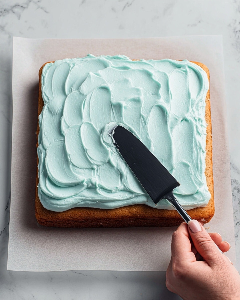 The image shows a close-up of a square piece of cake on a white plate, placed on a white marbled surface. The cake has two layers: the bottom layer is a light brown, soft, and moist sponge with a crumbly texture, while the top layer is thick, smooth, pale blue frosting with small dark specks scattered on the surface. There is a bite taken out of the front corner of the cake piece, revealing the texture of the sponge beneath the icing. In the background, blurred pieces of similar cake are visible. photo taken with an iphone --ar 4:5 --v 7