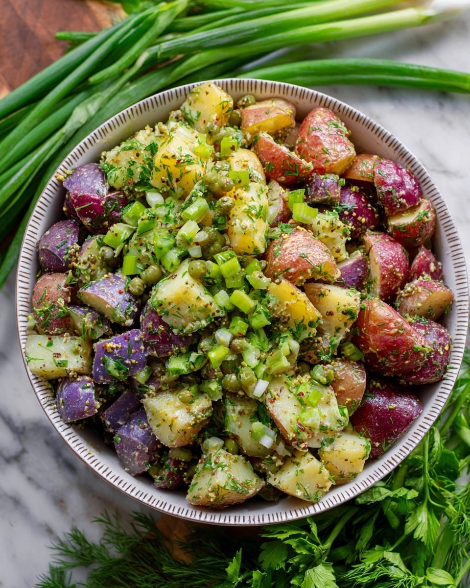 A bowl filled with a colorful potato salad showing two layers of chopped potatoes with skins: yellow and purple, mixed evenly throughout. The dish is covered in chopped green herbs like dill and parsley, with visible slices of light green onion and small pieces of pickles scattered on top. Tiny yellow mustard seeds and coarse black pepper are sprinkled over the salad, giving it texture and color contrast. The bowl is white with a subtle patterned rim and sits on a white marbled surface. photo taken with an iphone --ar 4:5 --v 7