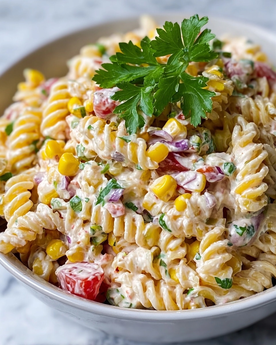 A close-up of a white bowl filled with a creamy pasta salad that has three main layers: the first layer is yellow rotini pasta coated in a white creamy dressing, the second layer includes bright yellow corn kernels and small pieces of red tomato, and the third layer shows finely chopped green parsley and small bits of purple onion mixed throughout. On top of the pasta salad, a fresh green parsley leaf sits in the center as garnish. The bowl is set on a white marbled textured surface. photo taken with an iphone --ar 4:5 --v 7