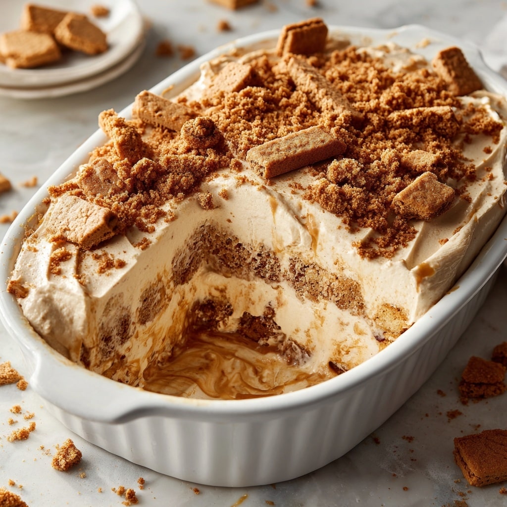 The image shows a close-up of soft, light beige bread pieces layered with thick, creamy peanut butter spread, which has a smooth and slightly whipped texture. Crushed golden brown cookie crumbs are scattered unevenly over the peanut butter, adding a crunchy texture and warm color contrast. The bread looks moist and fluffy, with some areas soaked slightly through with a shiny caramel-like spread. All the elements are placed on a white bowl that contrasts softly with the warm tones of the peanut butter and crumbs, set against a white marbled background. Photo taken with an iphone --ar 4:5 --v 7