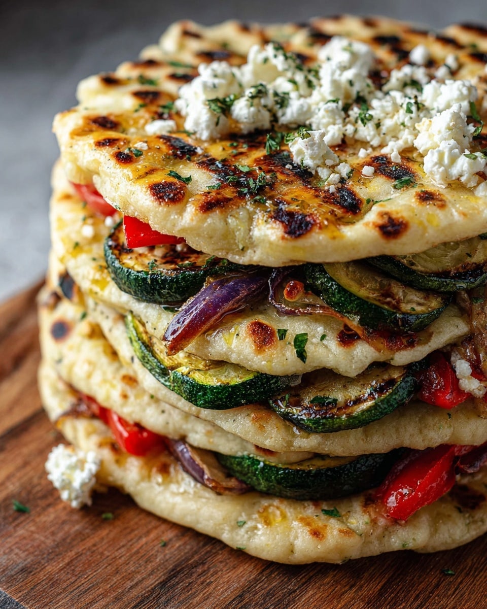 A stack of four flatbreads is shown, each layer grilled with golden brown spots and a slightly crispy texture. Between the flatbreads, layers of grilled green zucchini slices, vibrant red roasted bell peppers, and purple roasted onion pieces add color and texture. White crumbled cheese is scattered on top and between the layers, sprinkled with chopped green herbs. The stack sits on a wooden board against a white marbled background, with the close-up showing the detailed textures of the cheese, vegetables, and flatbread. photo taken with an iphone --ar 4:5 --v 7