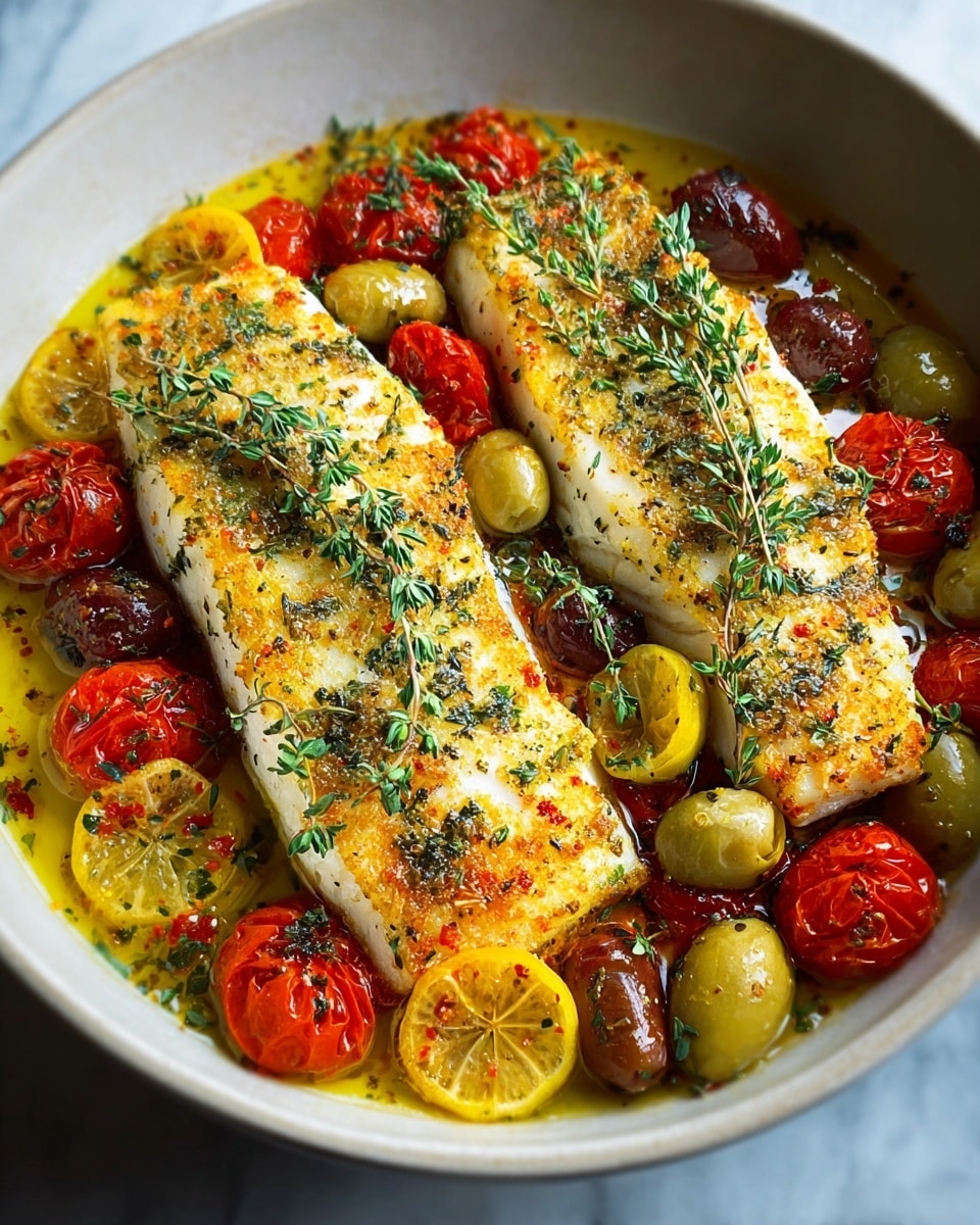 The dish shows two thick, white fish fillets seasoned with herbs and spices, sitting in the center of a white oval baking dish. Around the fish are sun-dried red cherry tomatoes, both whole and slightly shriveled, and a mix of shiny green and black olives scattered on the surface. The fillets and other ingredients are bathed in a glossy, golden olive oil sauce with specks of chopped green herbs sprinkled evenly on top. The edges of the dish are browned from baking, and the dish is set against a white marbled texture background. photo taken with an iphone --ar 4:5 --v 7