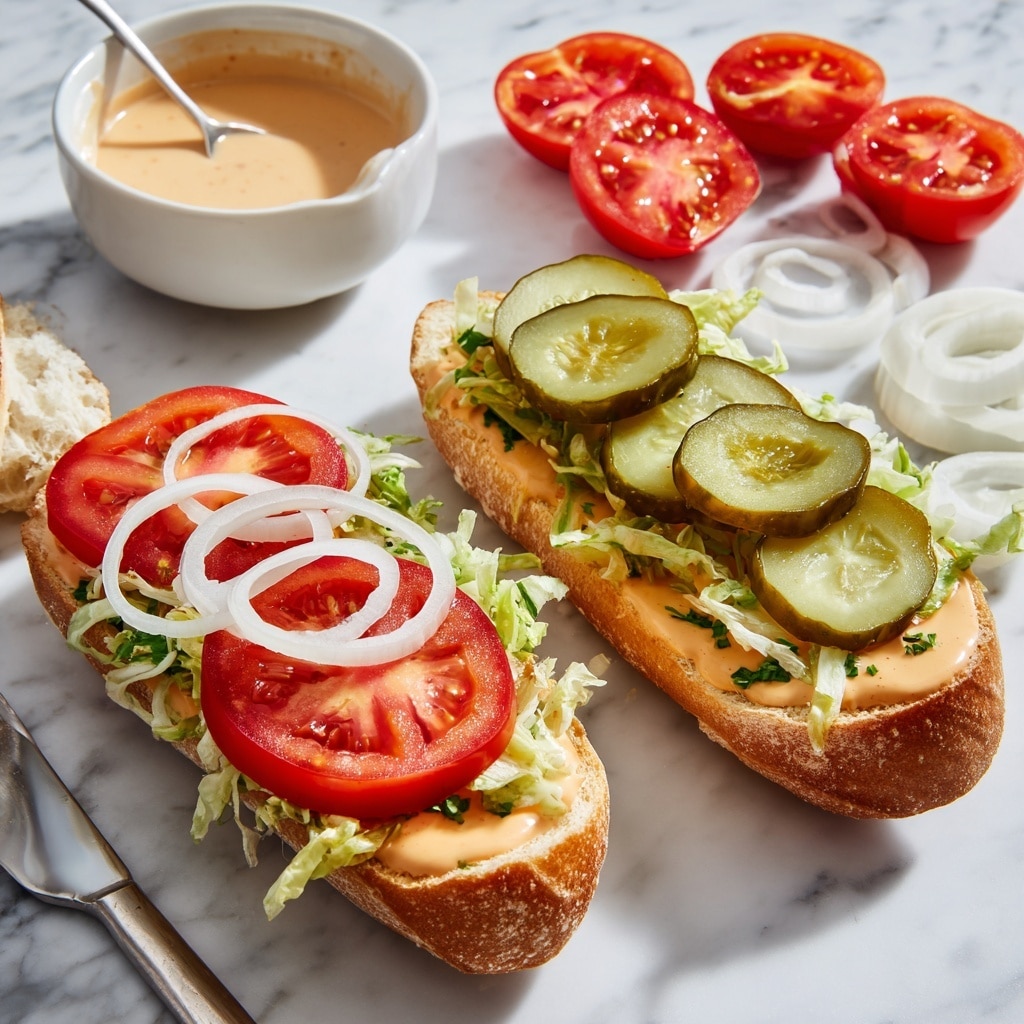 The dish shows two po'boy sandwiches placed side by side on white paper inside a white bowl. Each sandwich has a golden-brown fried fish fillet on top of a split soft bread roll. Below the fish fillet, there is a creamy spread with a light orange color and small green herb bits. Underneath that are fresh layers of sliced red tomatoes, green pickle slices, and thin white onion rings. Surrounding the sandwiches on the white paper are many golden, crispy potato chips with varied shapes and textures. In the background, there is a blurred white plate with another sandwich and chips, a glass jar filled with sliced pickles in liquid, and a few whole red tomatoes on a white marbled surface. Photo taken with an iphone --ar 4:5 --v 7