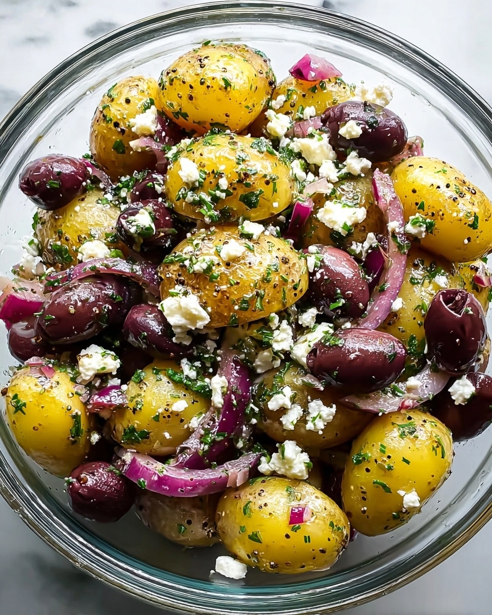 In a clear glass bowl, a vibrant salad is shown with several layers: bright yellow halved baby potatoes with a slightly shiny, seasoned surface form the main bulk, mixed with dark purple olives scattered evenly throughout. Thin, curved rings of light purple onion slices add a soft texture and subtle color contrast. Crumbled white cheese is spread generously across the top, with green herb flakes and small bits of seasoning sprinkled all over, giving a fresh, speckled look. The bowl sits on a white marbled surface. photo taken with an iphone --ar 4:5 --v 7