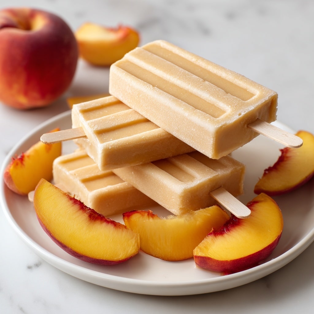 The image shows a stack of four light peach-colored popsicles placed in the center of a white plate. The popsicles have three vertical grooves on the top surface, and three of them are stacked horizontally, with one laid across the top at a slight angle. Around the popsicles on the plate are a few slices of fresh peach with a yellow-orange color and reddish edges. In the background, there is a whole peach slightly out of focus. The scene is set on a white marbled surface. photo taken with an iphone --ar 4:5 --v 7