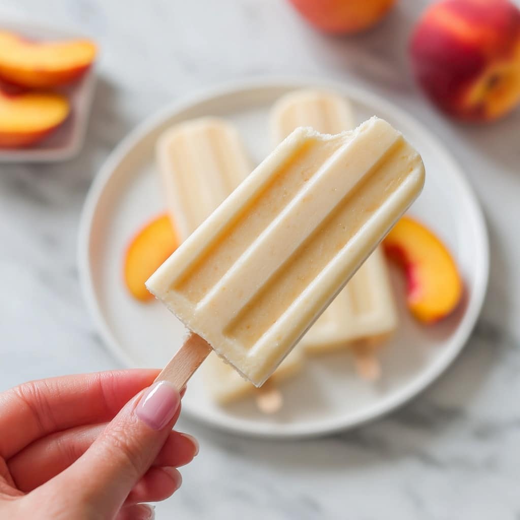 A close-up image of a creamy, peach-colored frozen yogurt pop held by a woman's hand at the bottom right, showing a single bite taken from the top left side. The pop has three vertical ridges giving it a striped texture. In the blurred background, there is a white plate with more pops and peach slices, all set on a white marbled surface, creating a fresh and bright atmosphere. Photo taken with an iphone --ar 4:5 --v 7