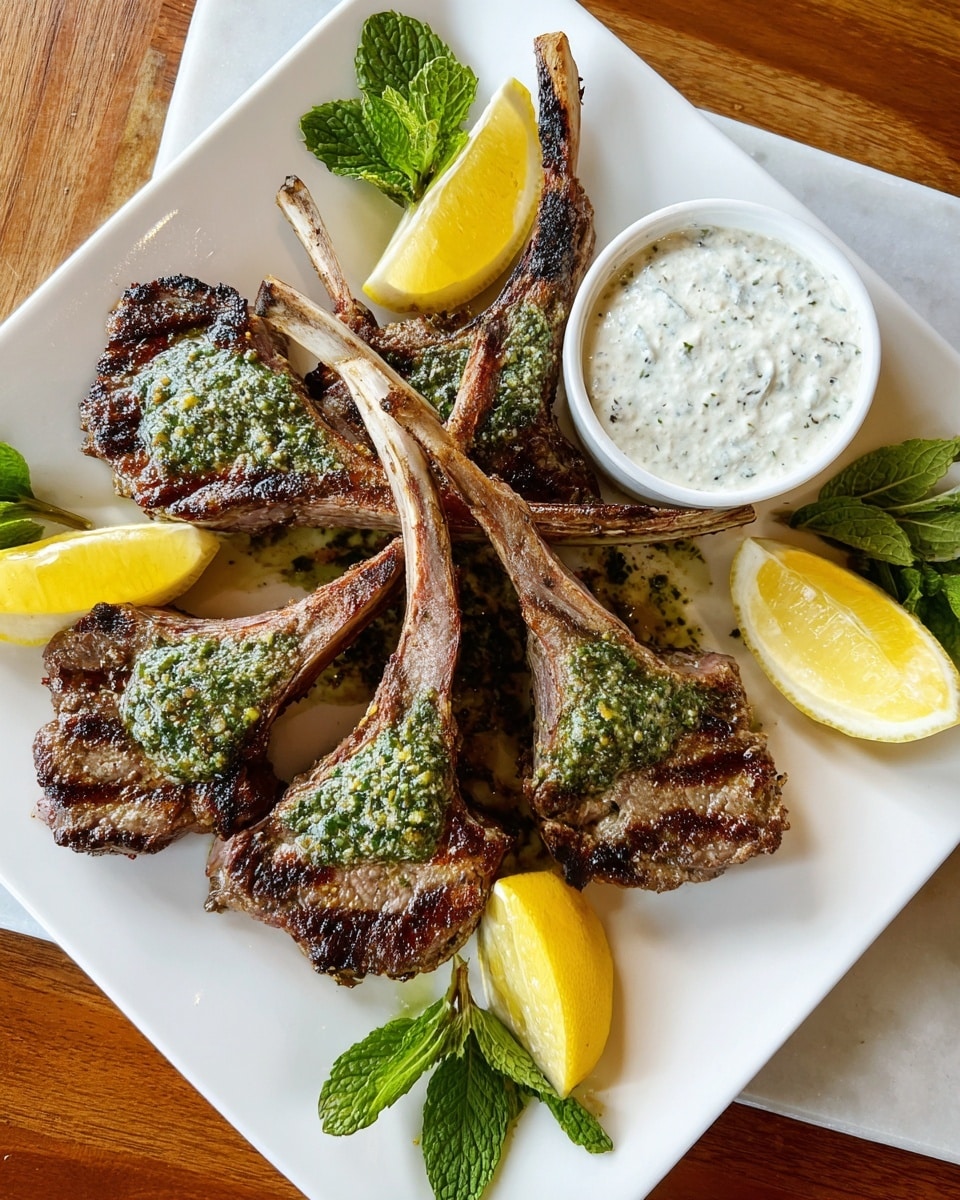 A white square plate holds six grilled lamb chops arranged in a star shape, each chop showing a brown, slightly charred texture with green herb and garlic sauce spread over the meat. Around the lamb chops, there are three yellow lemon wedges and fresh green mint leaves placed for garnish. On the right side of the plate, a small white bowl with a blue rim is filled with thick creamy white sauce speckled with green herbs. The plate sits on a wooden surface with a white marbled texture background. Photo taken with an iphone --ar 4:5 --v 7