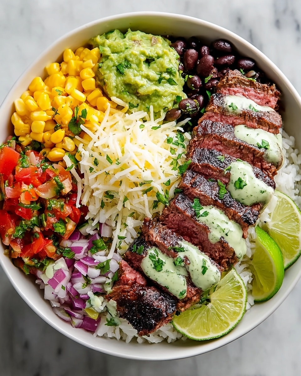A white bowl filled with a colorful layered dish starting from the bottom with a base of white rice covering the entire bowl. On top, from left to right, there is a bright yellow corn layer, a green creamy guacamole layer, and a small section of black beans mixed with diced red onion. Below the corn is a layer of diced red tomatoes mixed with purple onion and green herbs. In the center, a pile of shredded white cheese is placed, partially covering the tomato layer and leading to a sliced medium-rare steak with a dark charred crust and pink center, arranged in a row on the right side of the bowl. Each steak slice is drizzled with a light green creamy sauce and sprinkled with small green leafy herbs. Two lime wedges are placed at the bottom right edge of the bowl. The bowl is set on a white marbled surface. Photo taken with an iphone --ar 4:5 --v 7