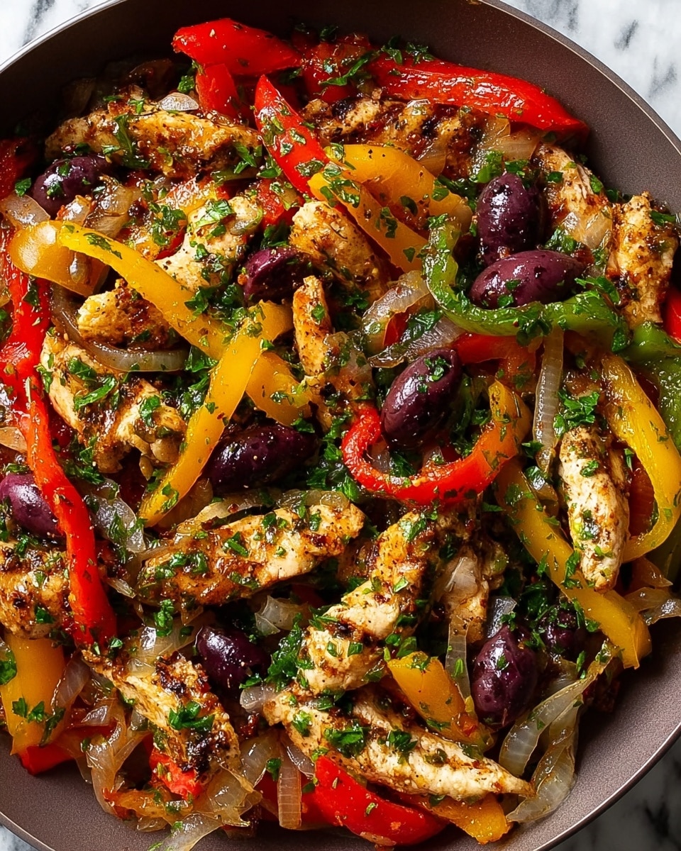 The dish is a colorful sauté mix placed on a white round plate with an orange rim, set on a white marbled surface. It has one main layer consisting of cooked chicken pieces in light brown with visible grill marks, mixed with sliced yellow and red bell peppers, translucent cooked onions, and finely chopped green herbs scattered on top, creating a vibrant and textured look. The entire dish has a glossy, slightly oily finish, making the colors pop. photo taken with an iphone --ar 4:5 --v 7