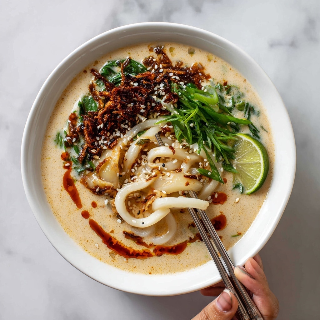 A white bowl holds a creamy beige soup base with smooth, thick udon noodles lifted by a woman's hand holding metal chopsticks from the right side; on top of the noodles is a dark brown, crispy fried shallot or onion layer sprinkled with white sesame seeds, positioned toward the upper center of the bowl. On the right side, there is a small pile of bright green, fresh sliced spring onions, next to a small wedge of lime. The soup has swirls and streaks of dark reddish-brown chili oil, mainly on the left and bottom edges of the bowl. The bowl rests on a white marbled surface. Photo taken with an iphone --ar 4:5 --v 7